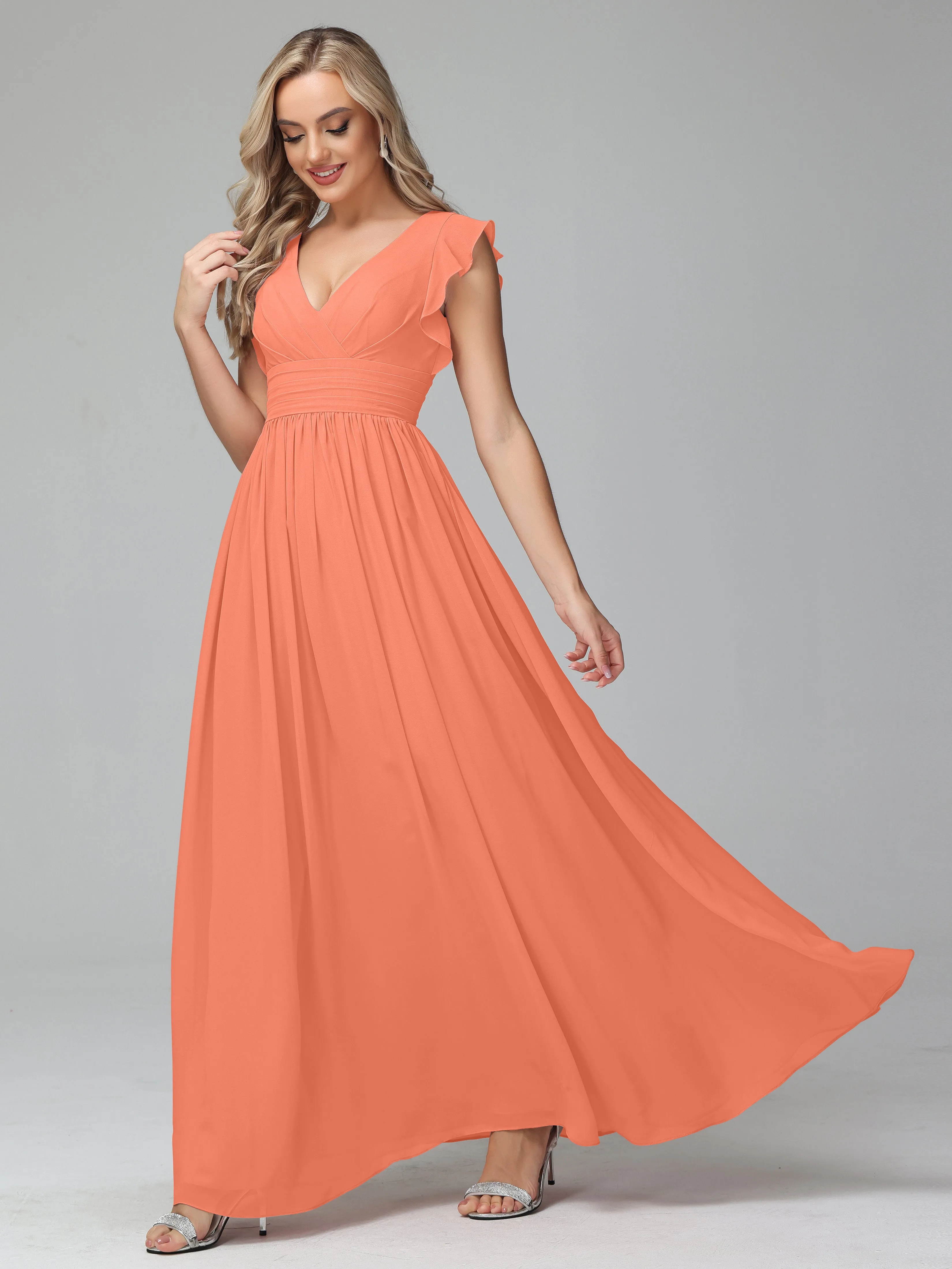 Bonnie V-Neck Chiffon Bridesmaid Dresses With Ruffle Sleeves