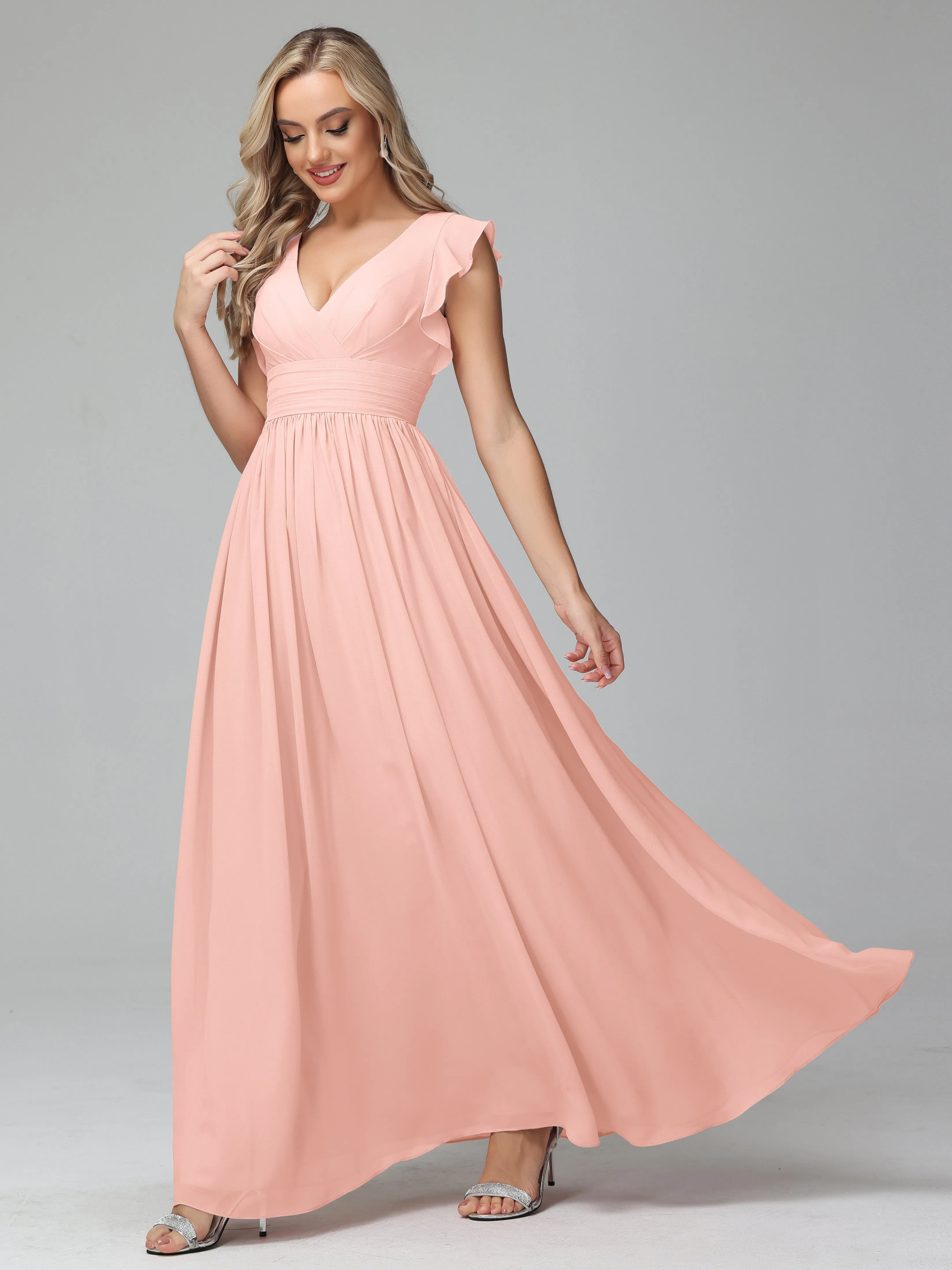 Bonnie V-Neck Chiffon Bridesmaid Dresses With Ruffle Sleeves