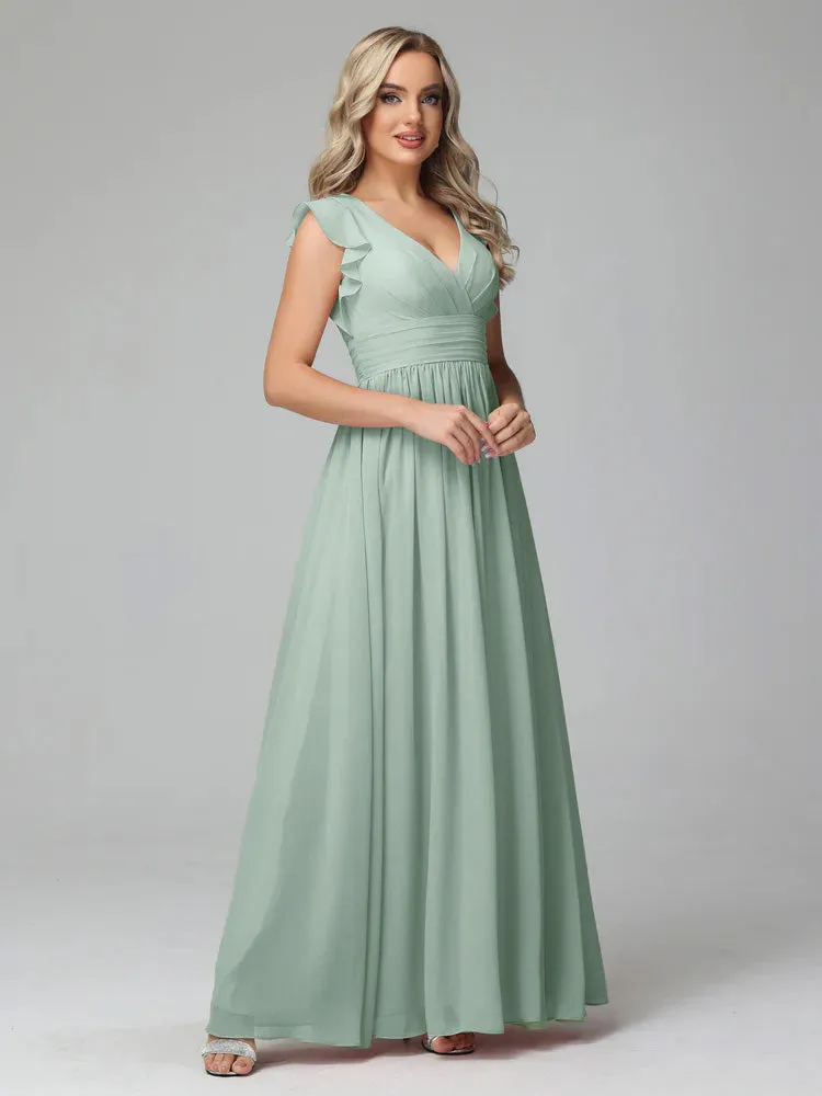 Bonnie V-Neck Chiffon Bridesmaid Dresses With Ruffle Sleeves