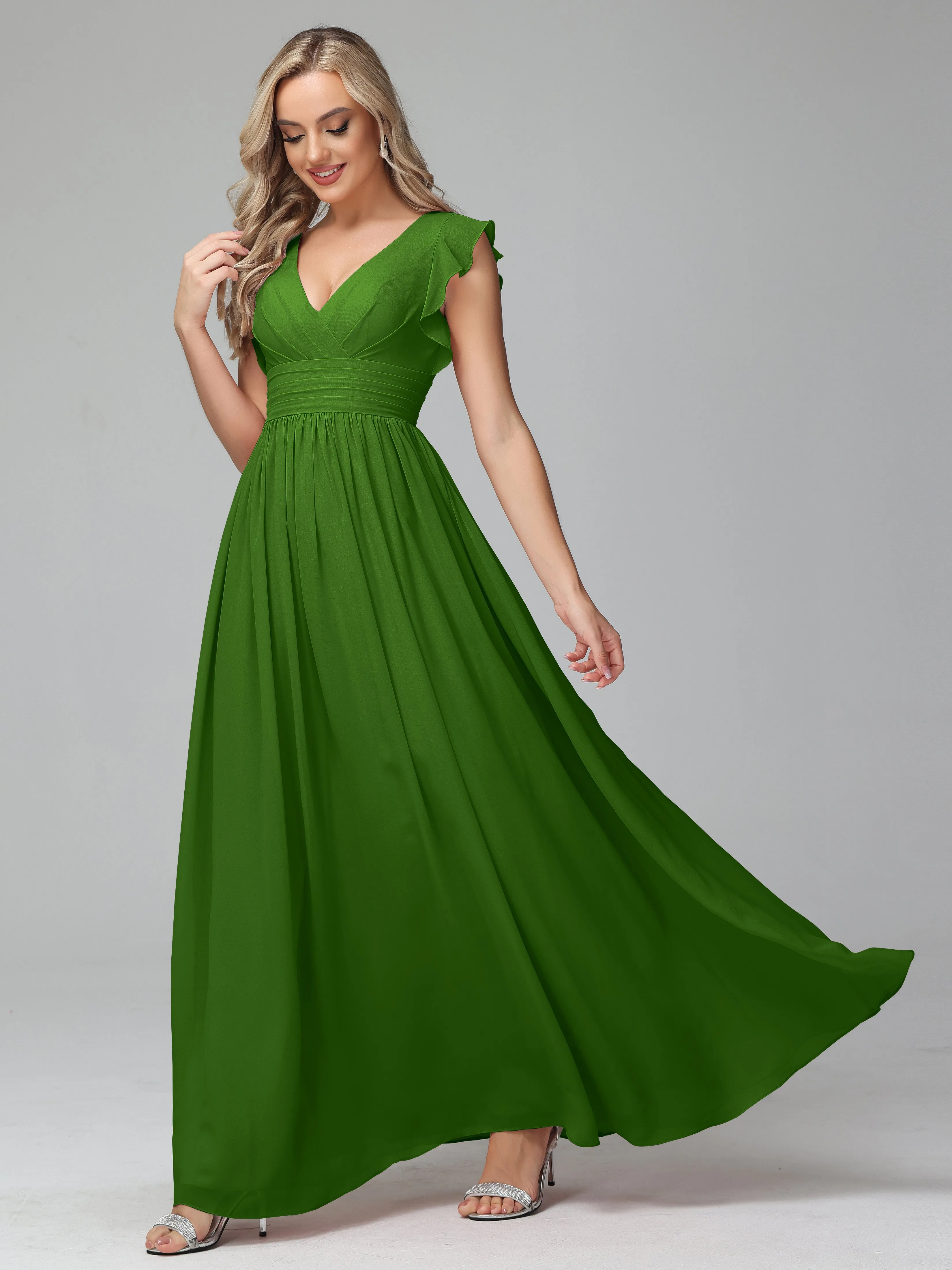 Bonnie V-Neck Chiffon Bridesmaid Dresses With Ruffle Sleeves
