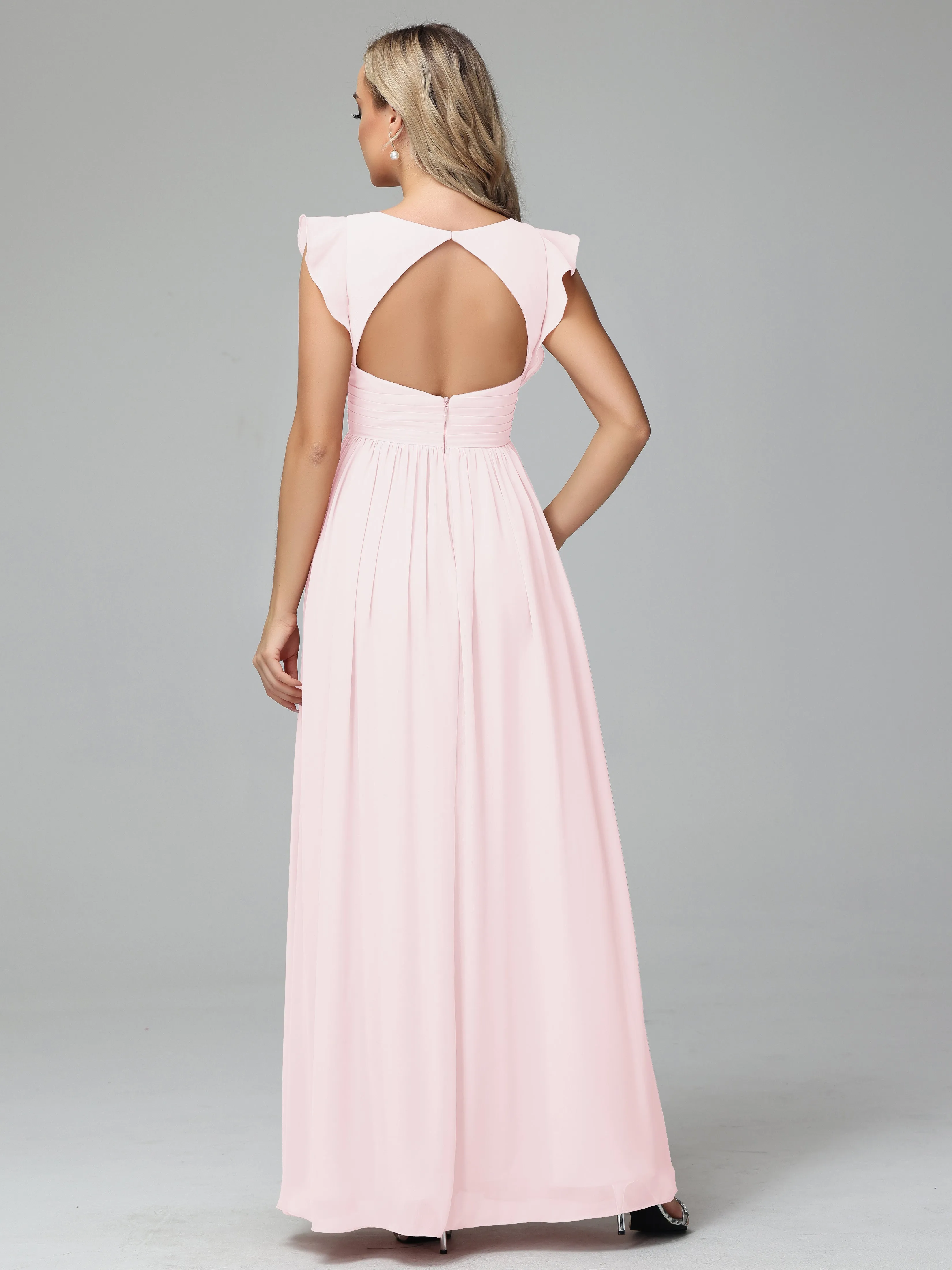 Bonnie V-Neck Chiffon Bridesmaid Dresses With Ruffle Sleeves