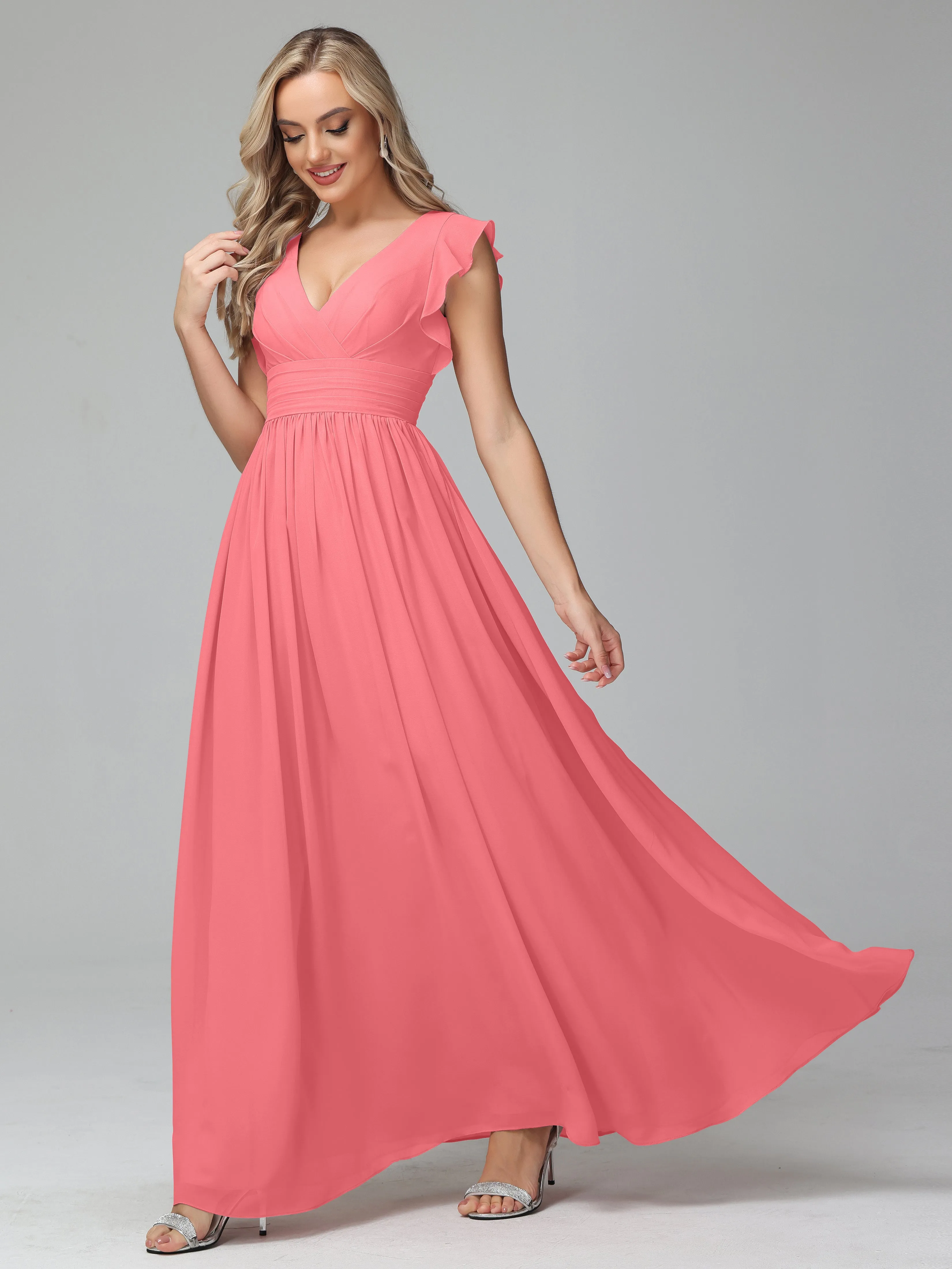 Bonnie V-Neck Chiffon Bridesmaid Dresses With Ruffle Sleeves