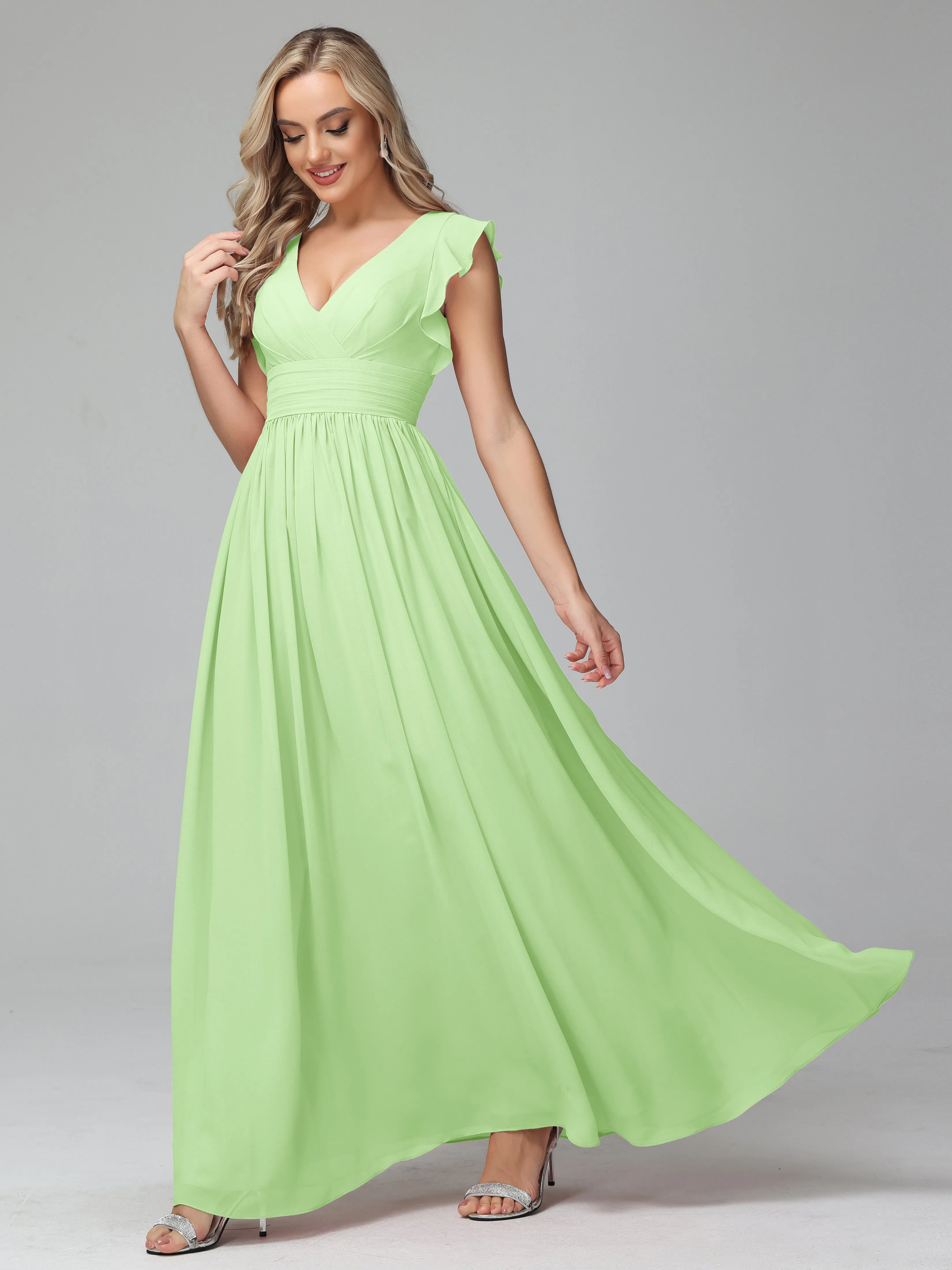 Bonnie V-Neck Chiffon Bridesmaid Dresses With Ruffle Sleeves