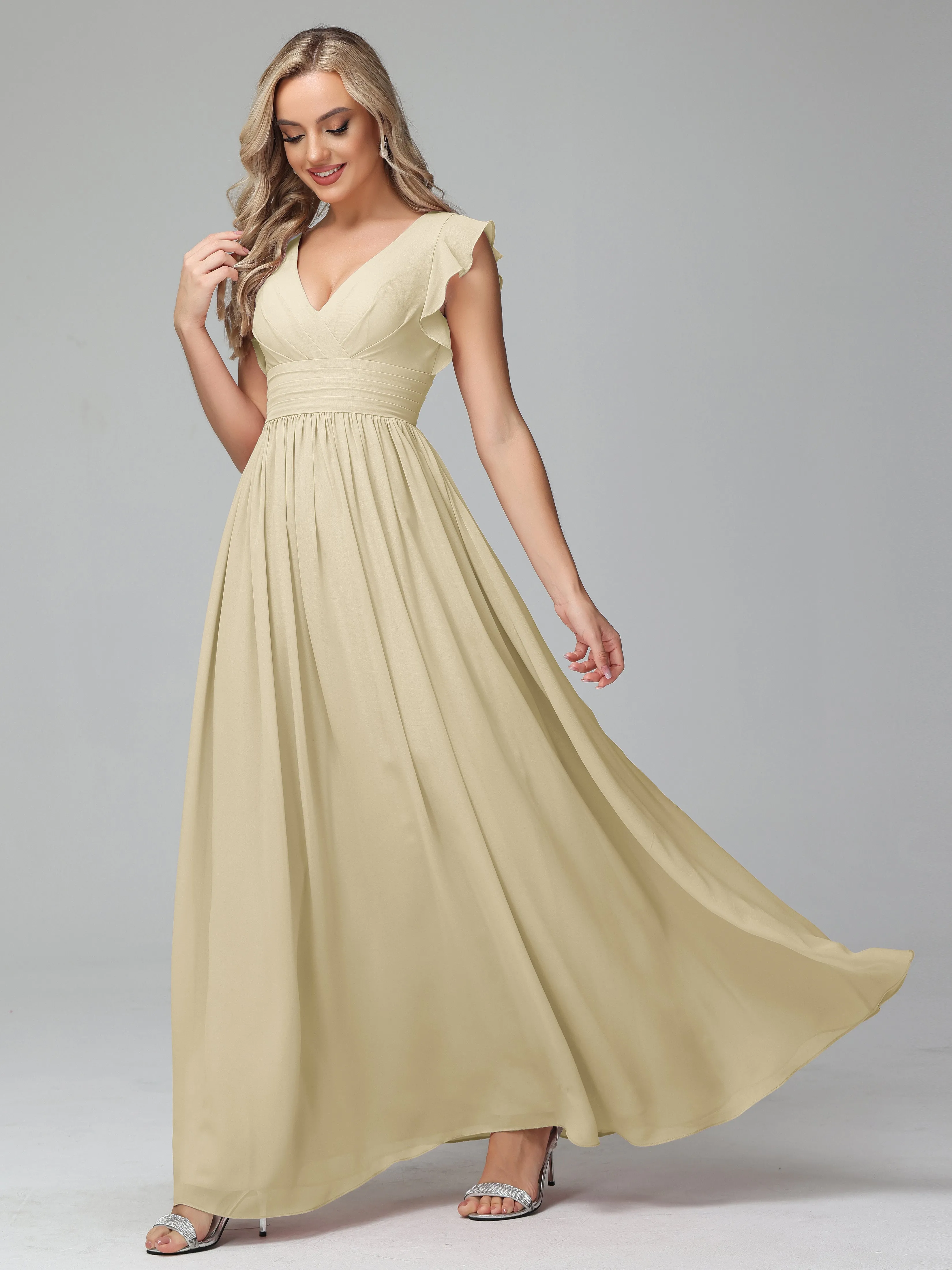 Bonnie V-Neck Chiffon Bridesmaid Dresses With Ruffle Sleeves