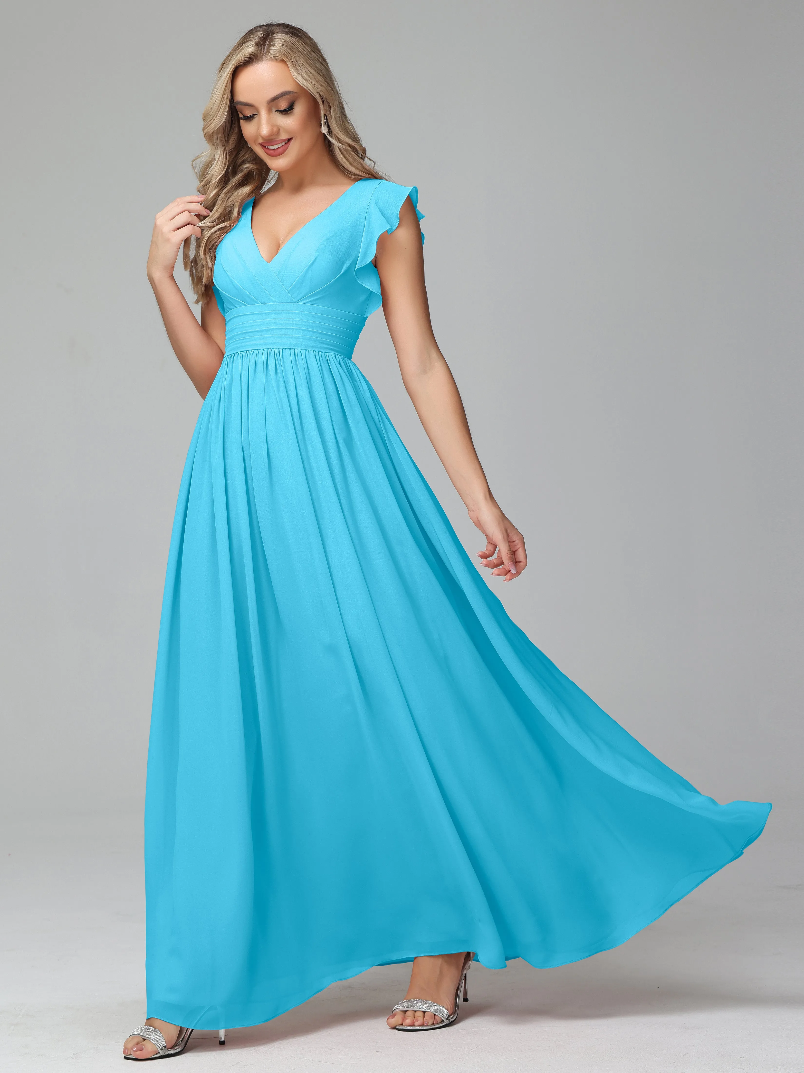 Bonnie V-Neck Chiffon Bridesmaid Dresses With Ruffle Sleeves