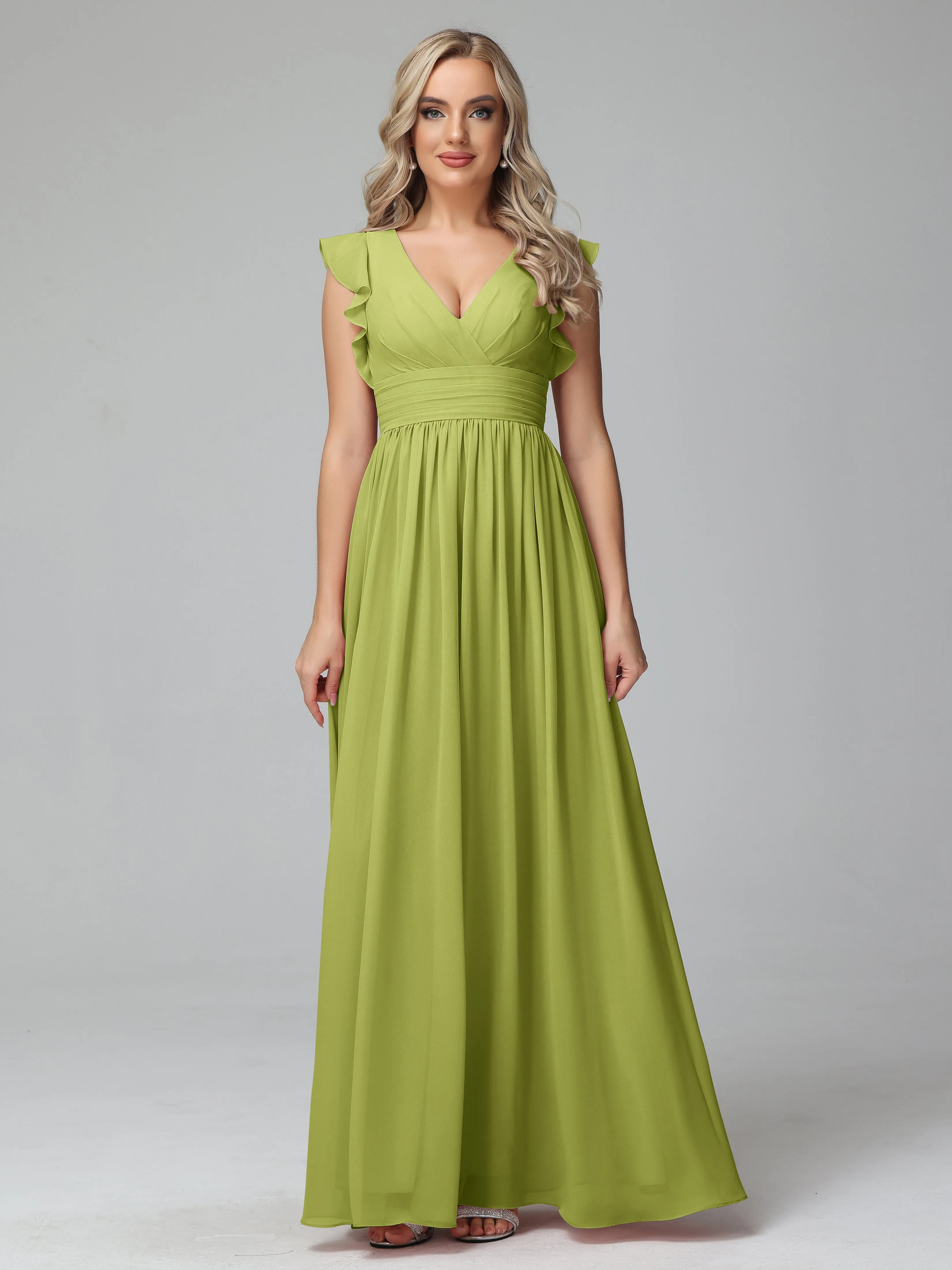 Bonnie V-Neck Chiffon Bridesmaid Dresses With Ruffle Sleeves