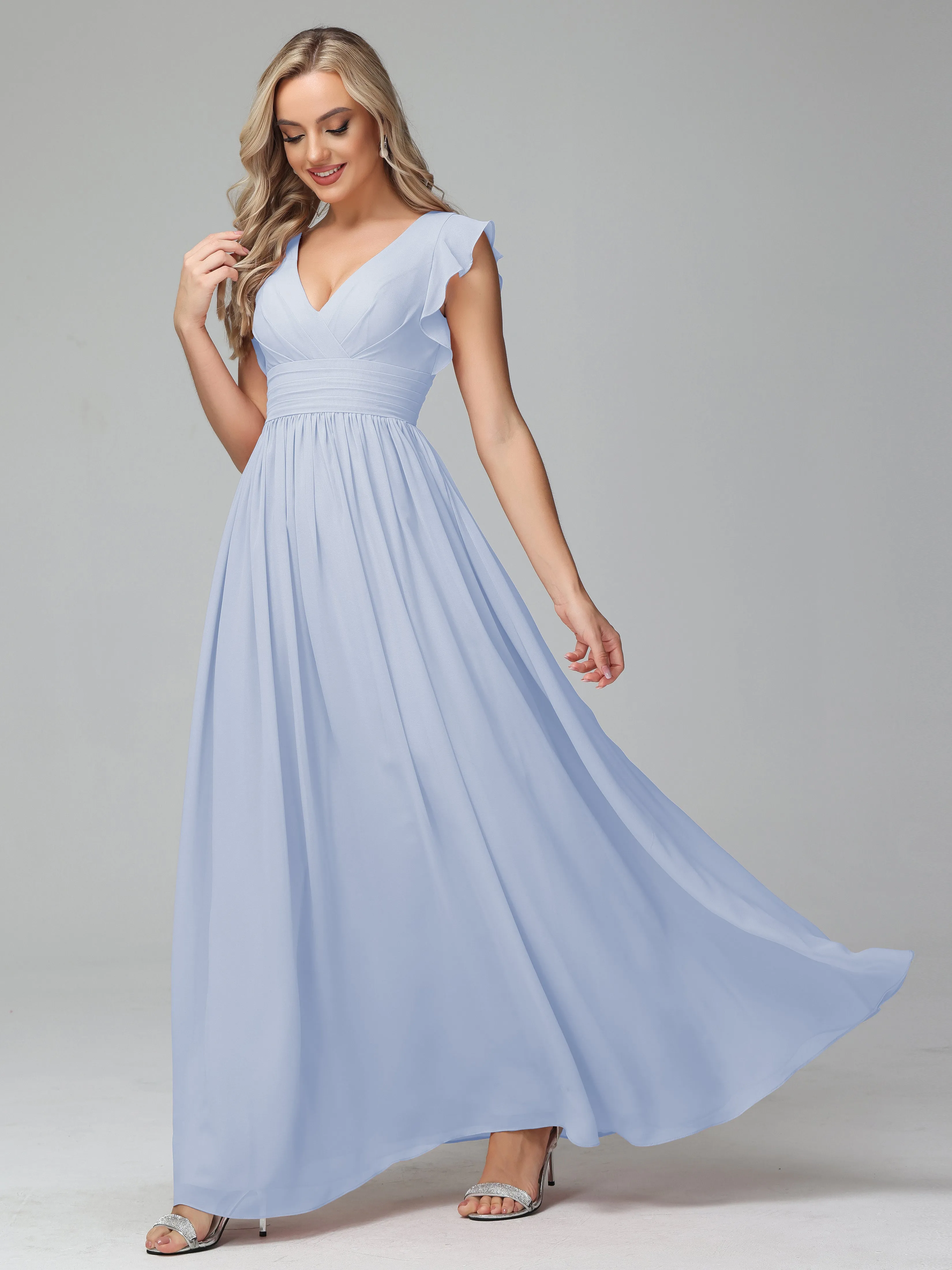 Bonnie V-Neck Chiffon Bridesmaid Dresses With Ruffle Sleeves