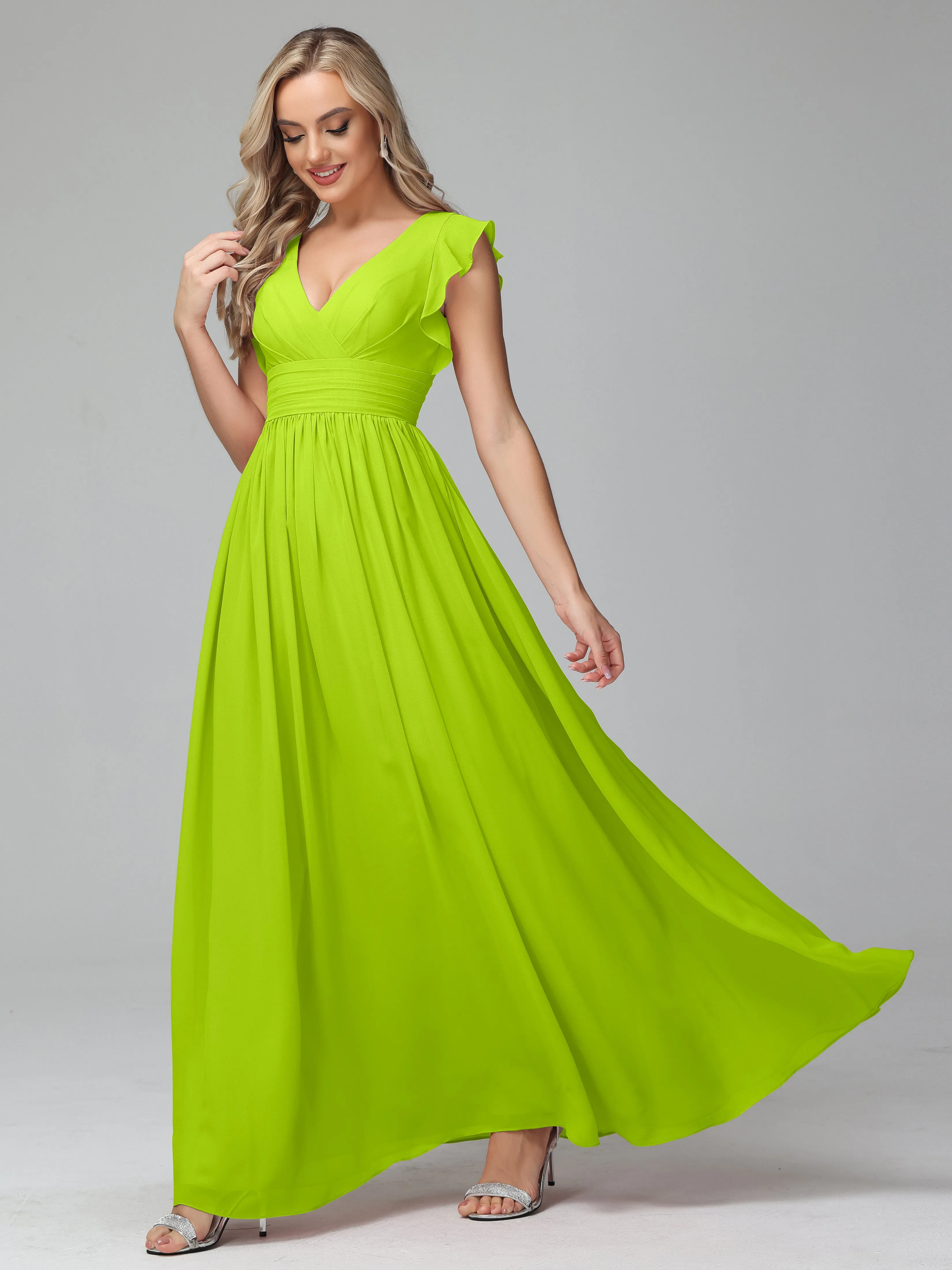 Bonnie V-Neck Chiffon Bridesmaid Dresses With Ruffle Sleeves