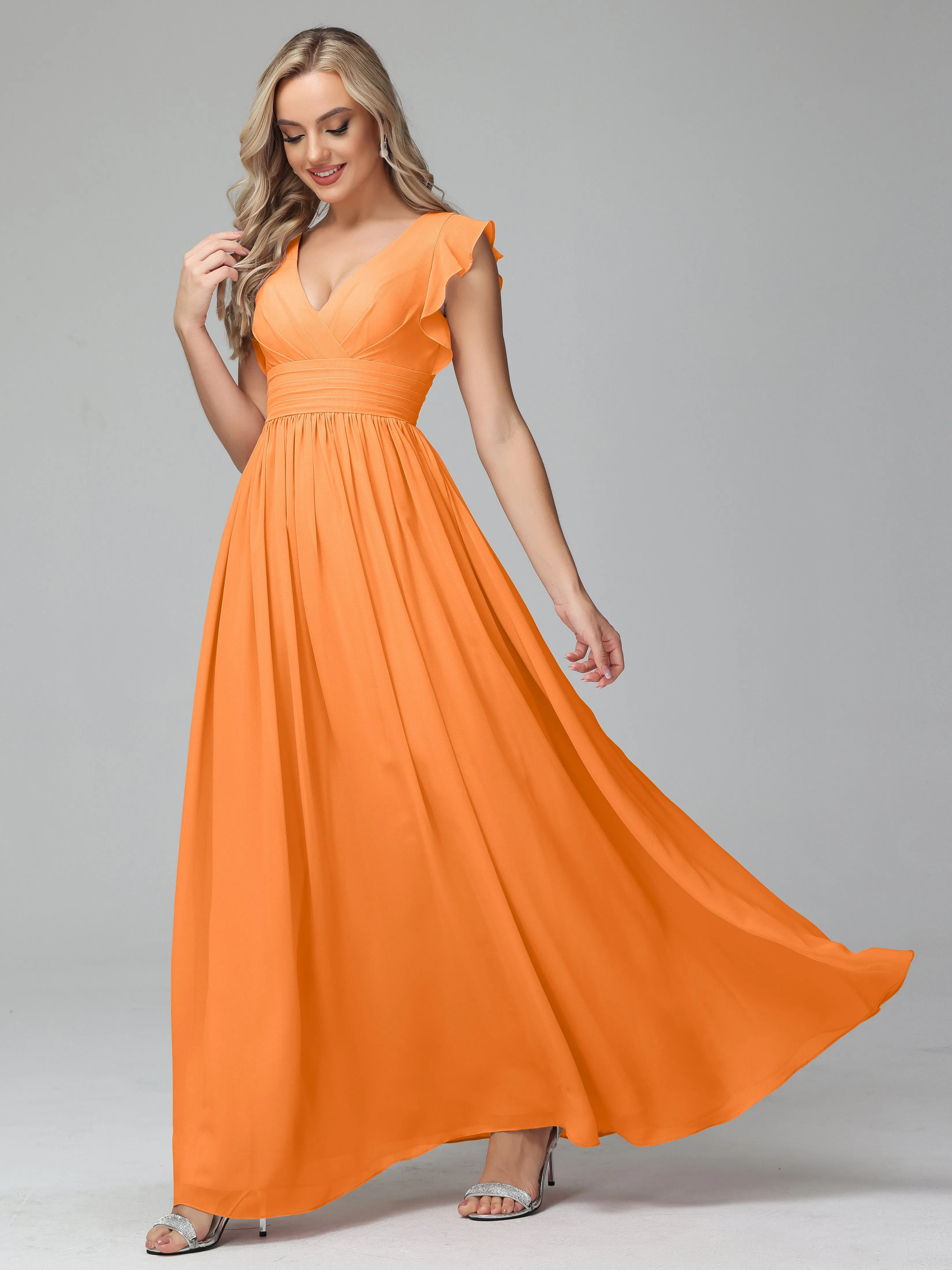 Bonnie V-Neck Chiffon Bridesmaid Dresses With Ruffle Sleeves