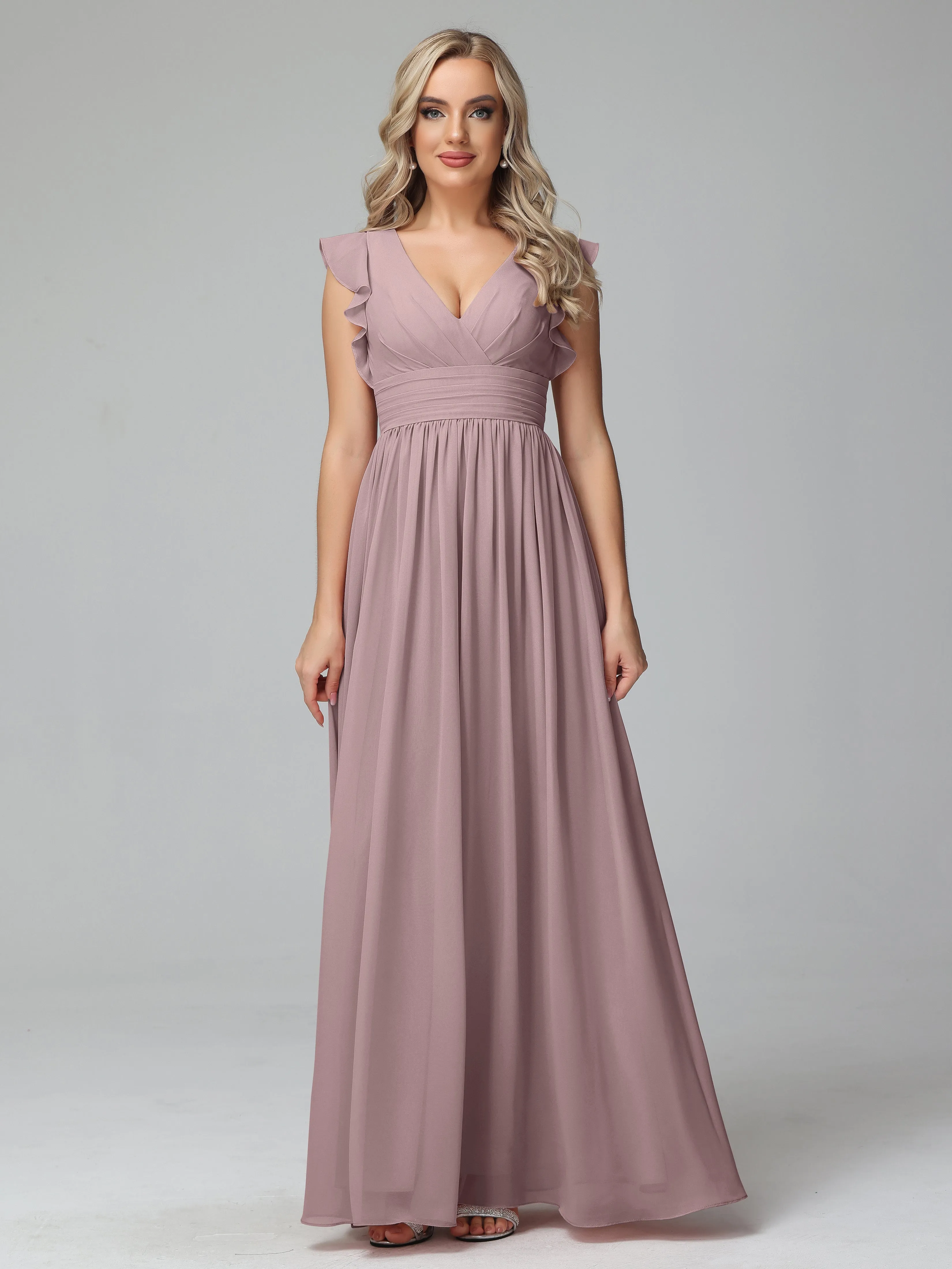 Bonnie V-Neck Chiffon Bridesmaid Dresses With Ruffle Sleeves