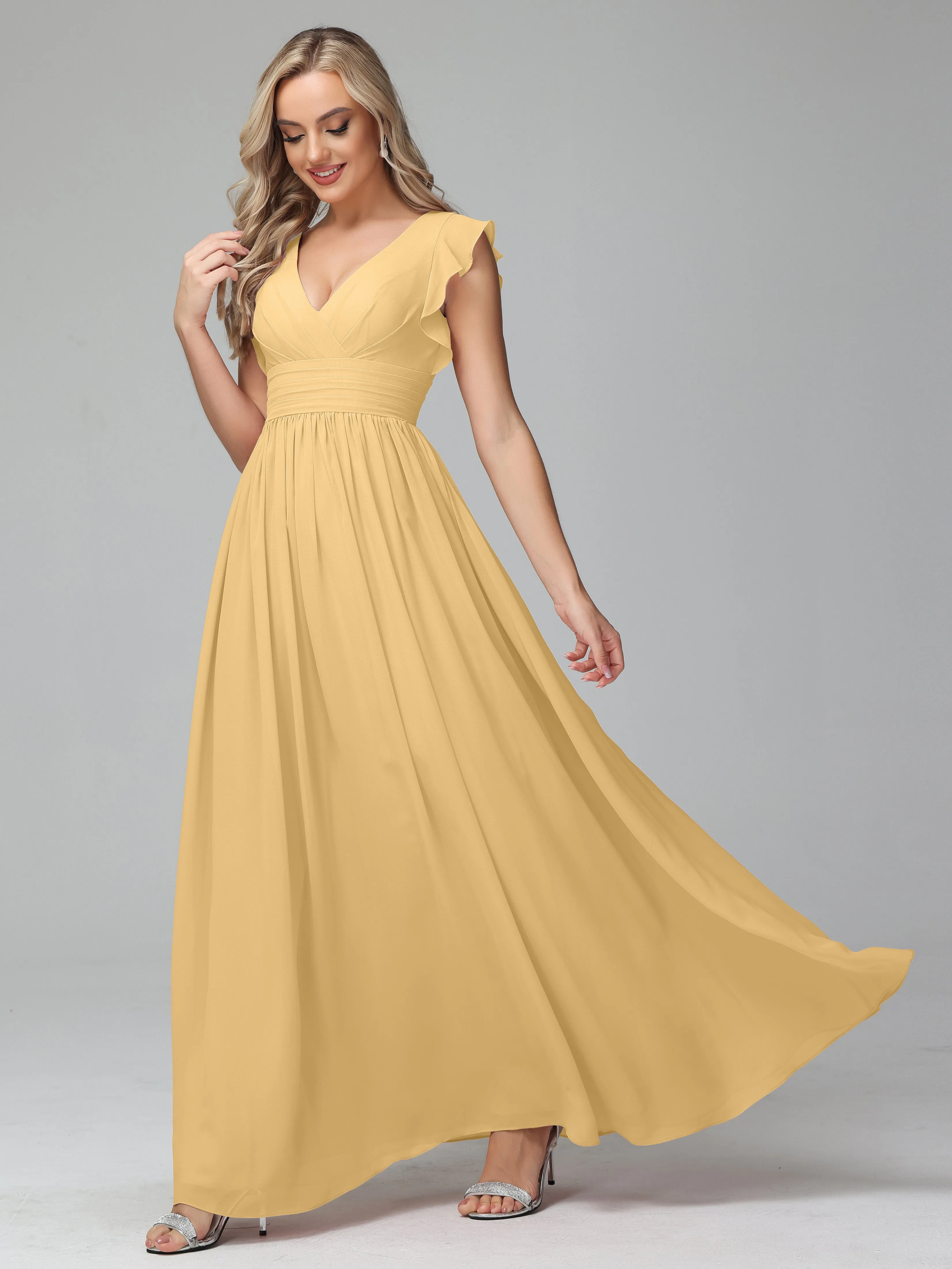 Bonnie V-Neck Chiffon Bridesmaid Dresses With Ruffle Sleeves