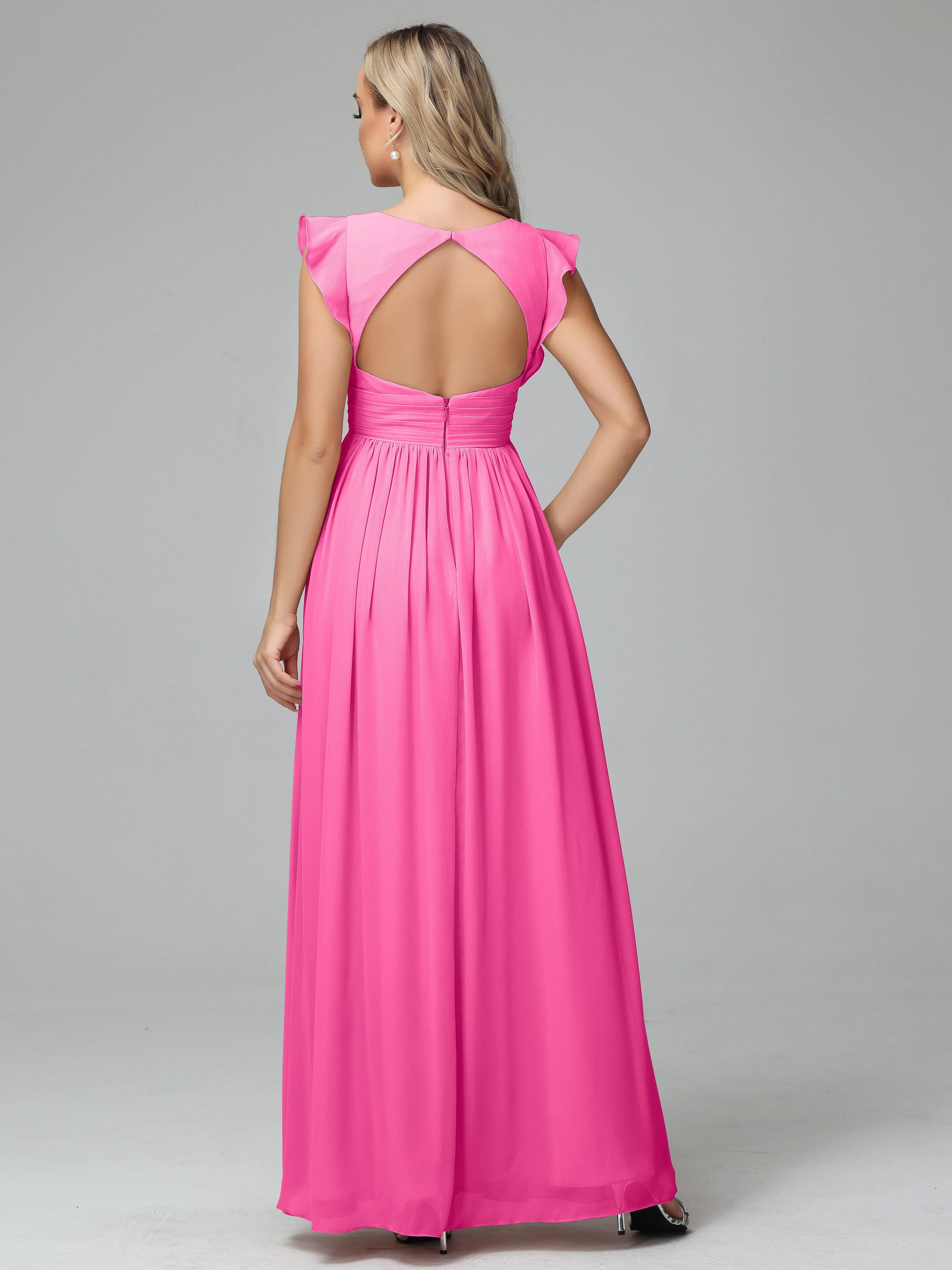 Bonnie V-Neck Chiffon Bridesmaid Dresses With Ruffle Sleeves