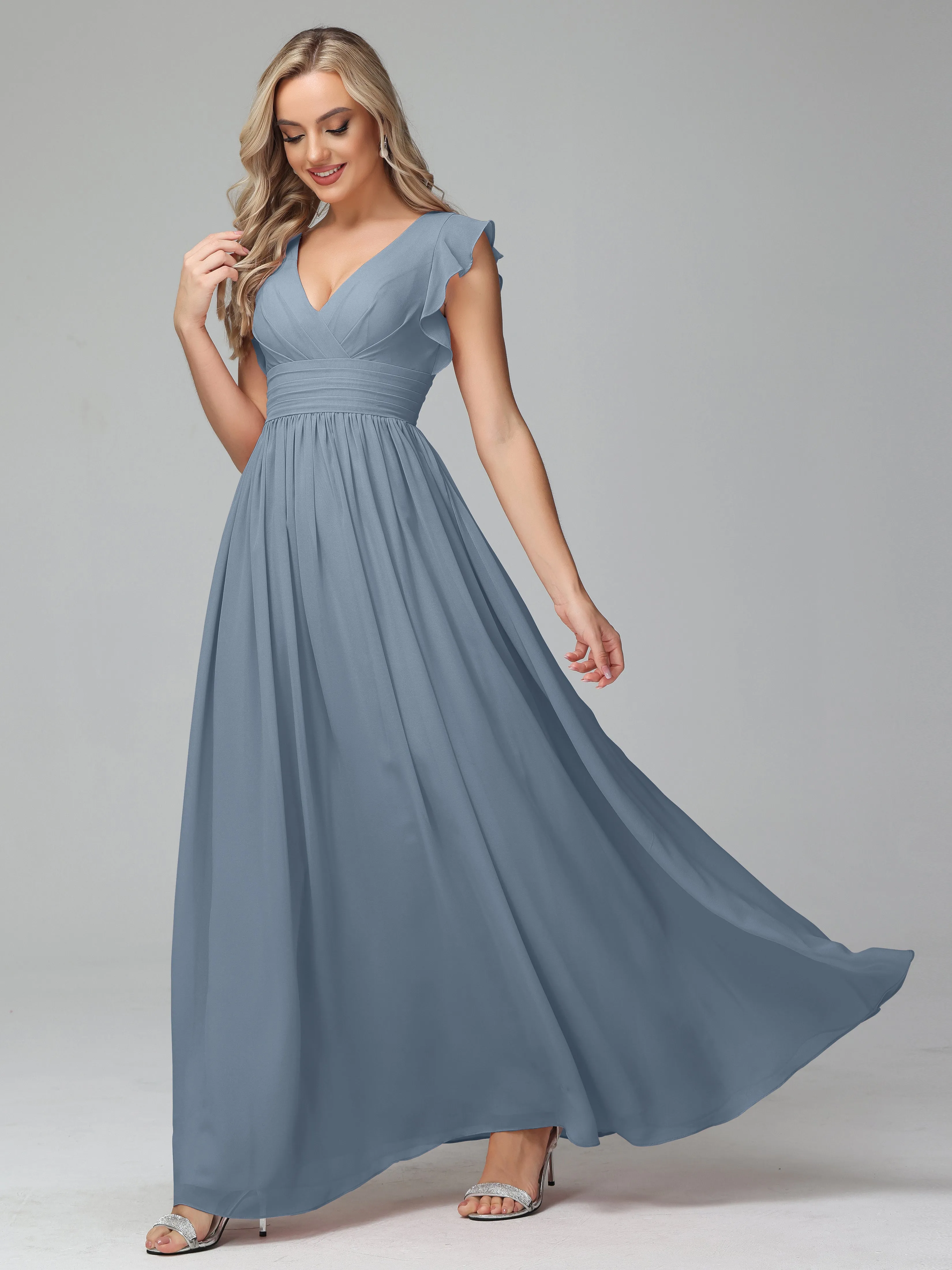 Bonnie V-Neck Chiffon Bridesmaid Dresses With Ruffle Sleeves