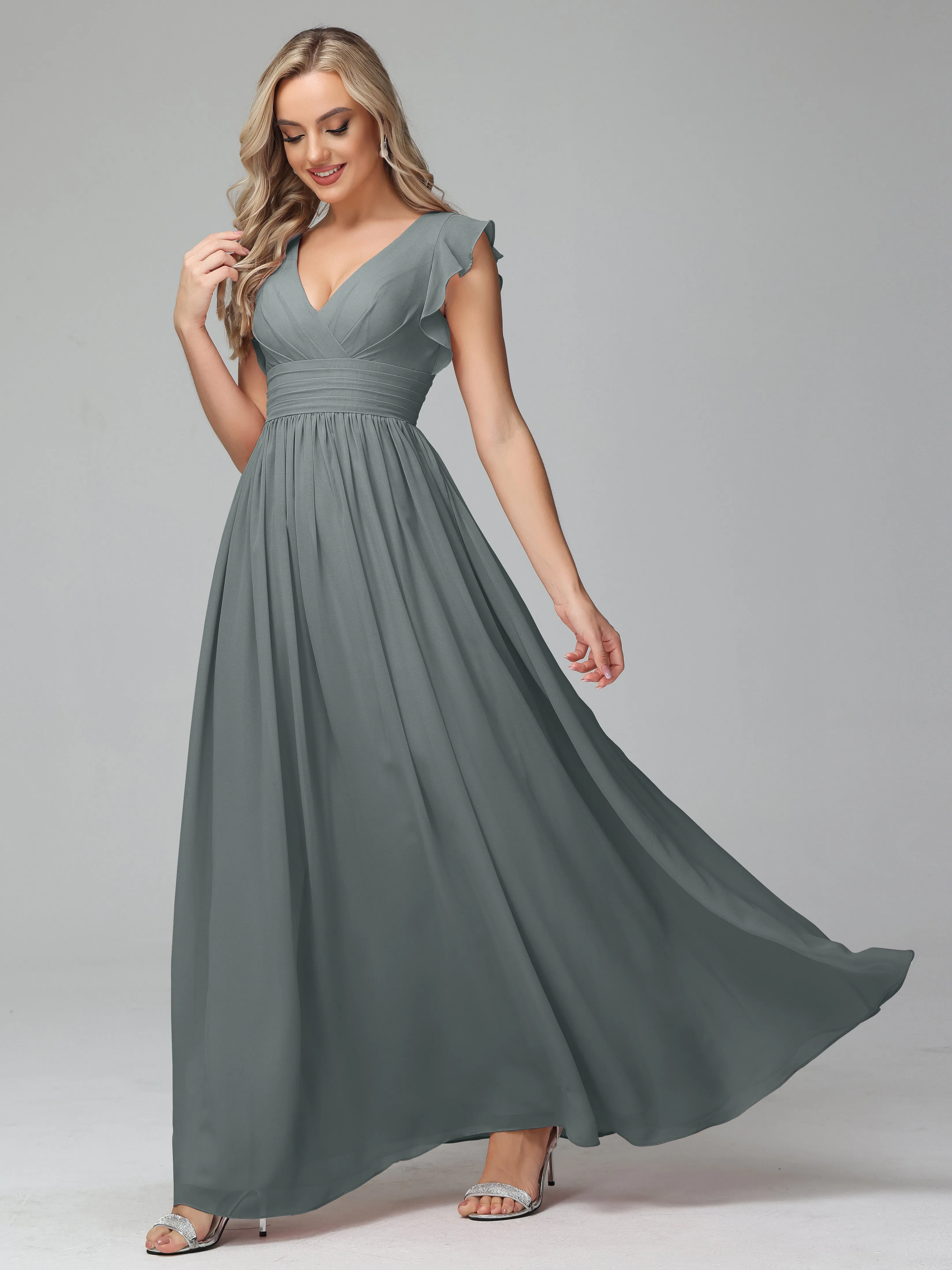 Bonnie V-Neck Chiffon Bridesmaid Dresses With Ruffle Sleeves