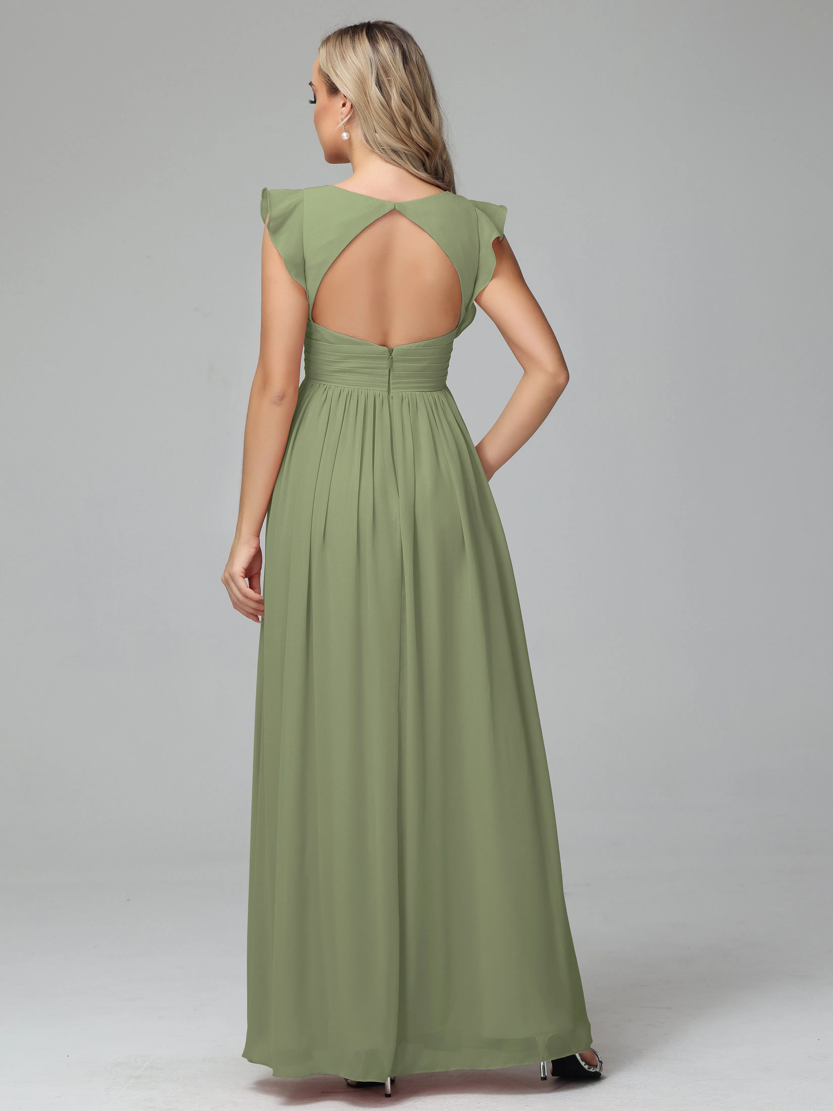 Bonnie V-Neck Chiffon Bridesmaid Dresses With Ruffle Sleeves