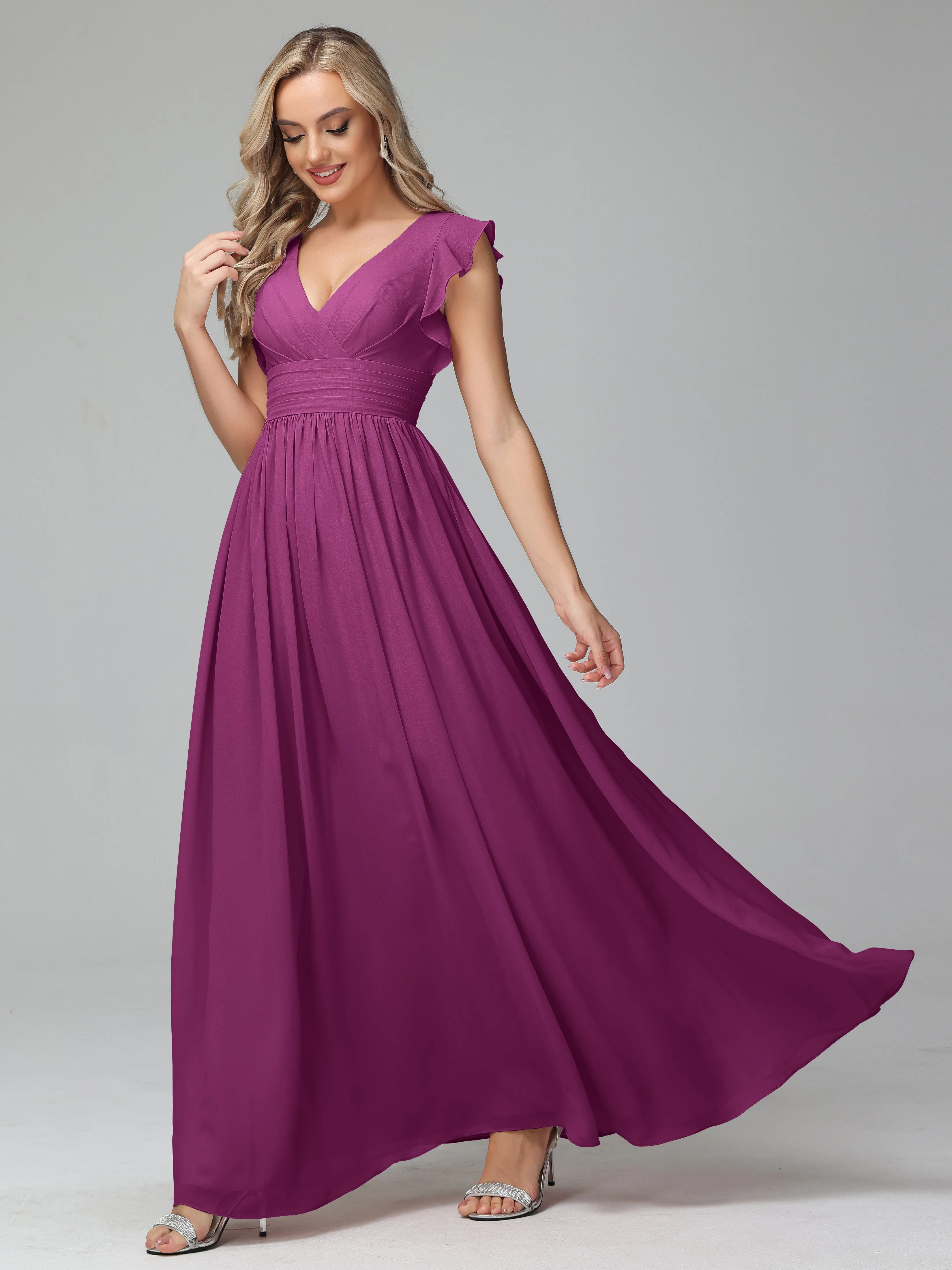 Bonnie V-Neck Chiffon Bridesmaid Dresses With Ruffle Sleeves