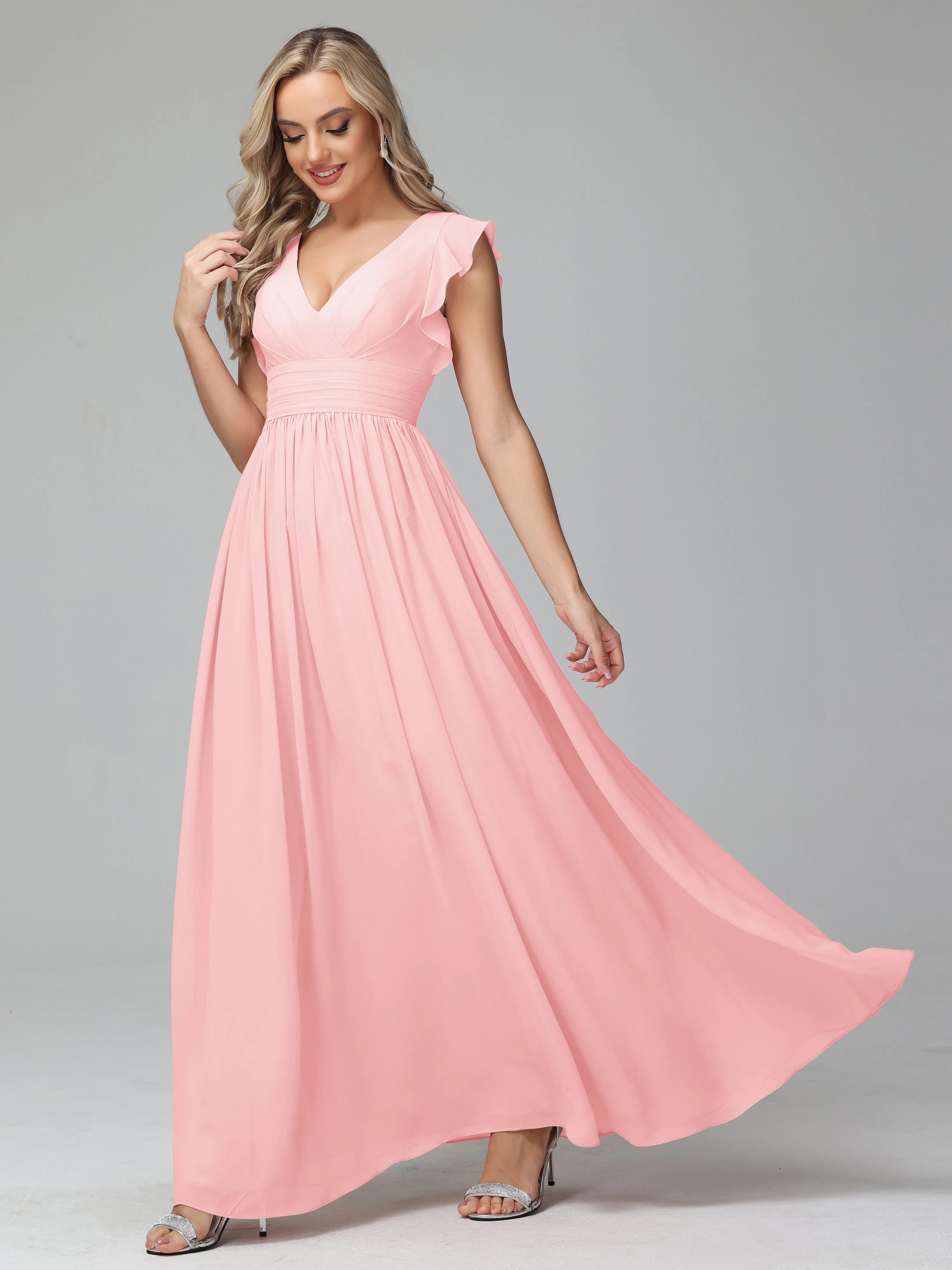 Bonnie V-Neck Chiffon Bridesmaid Dresses With Ruffle Sleeves