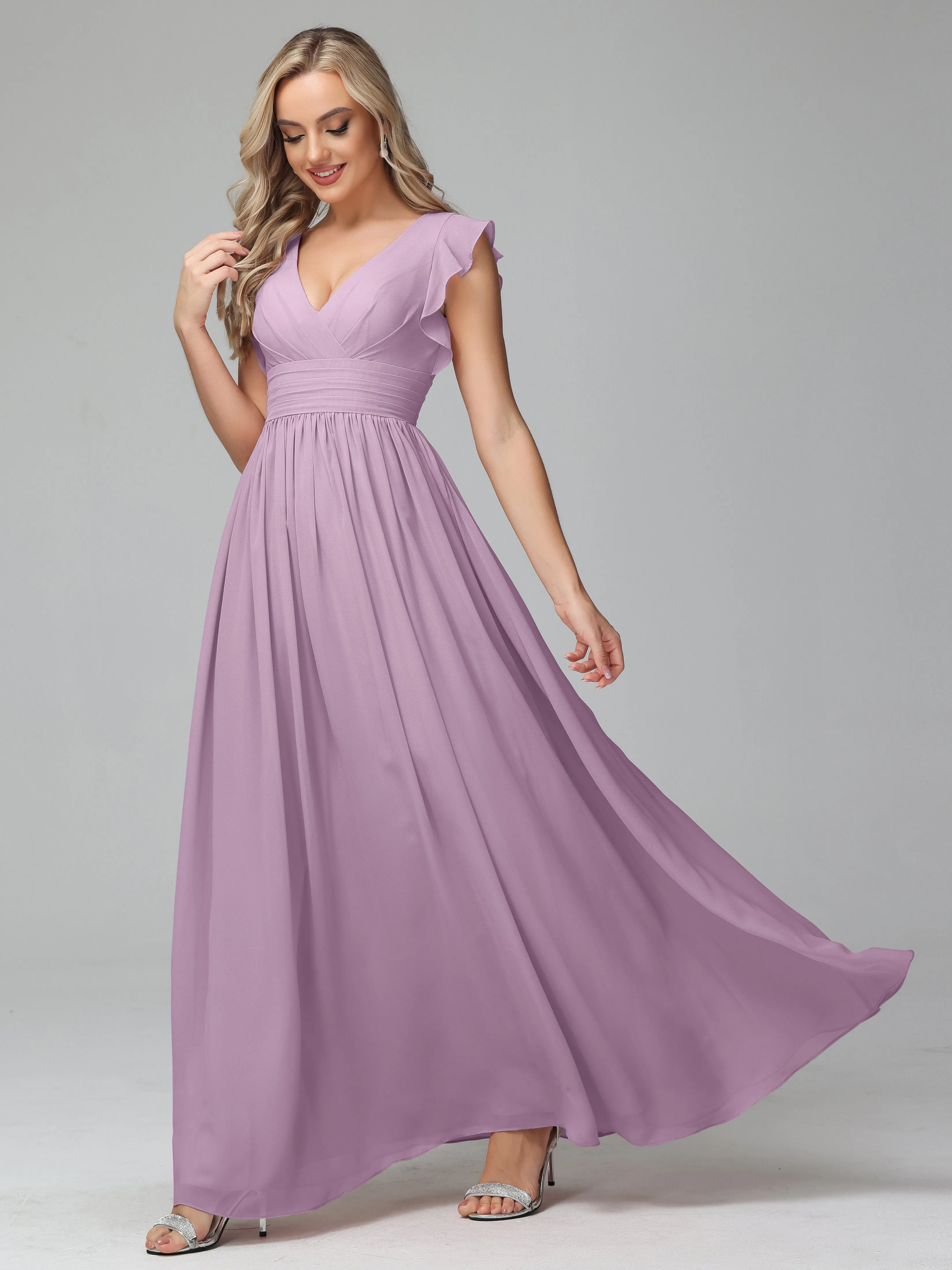 Bonnie V-Neck Chiffon Bridesmaid Dresses With Ruffle Sleeves