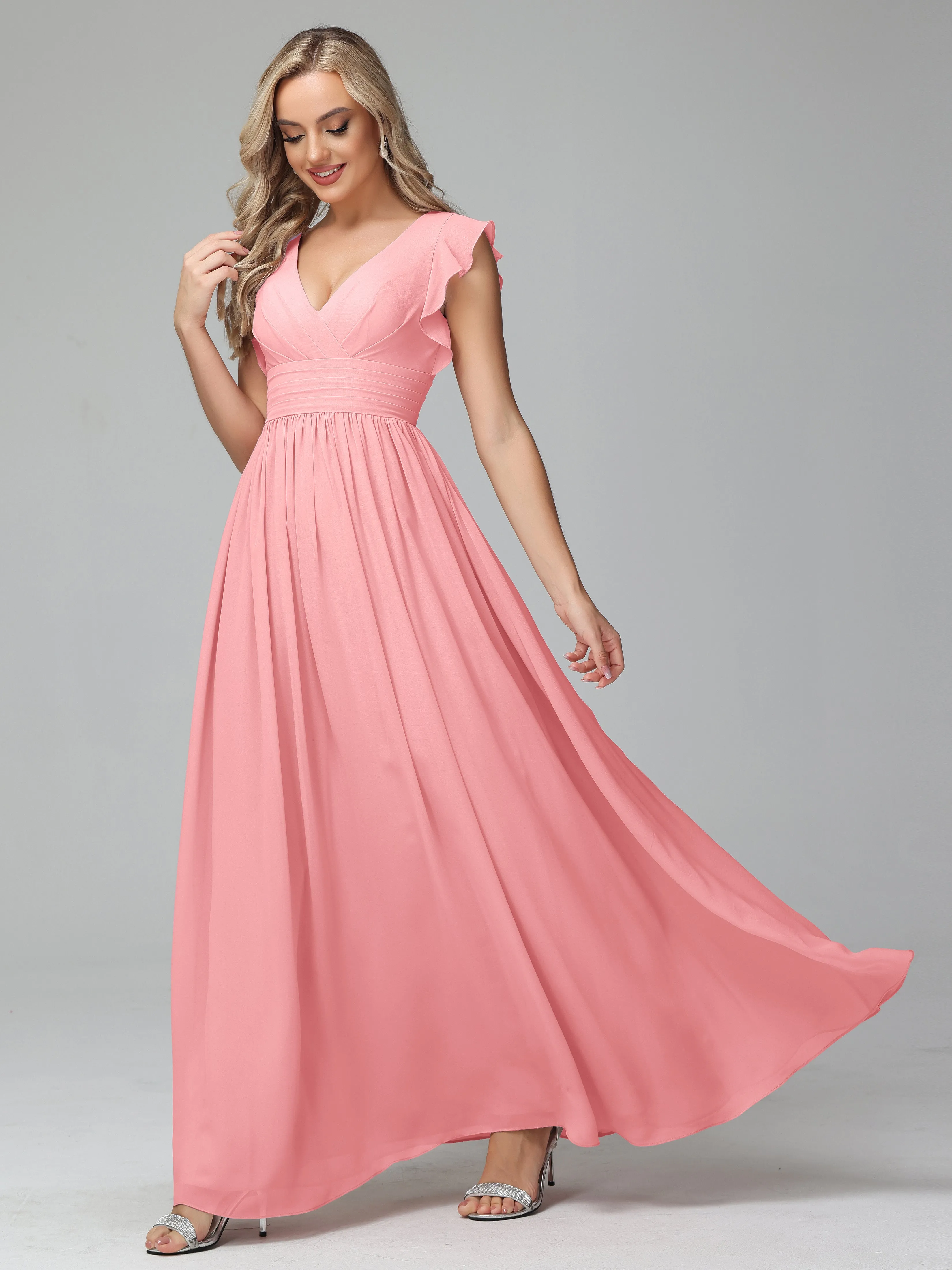 Bonnie V-Neck Chiffon Bridesmaid Dresses With Ruffle Sleeves