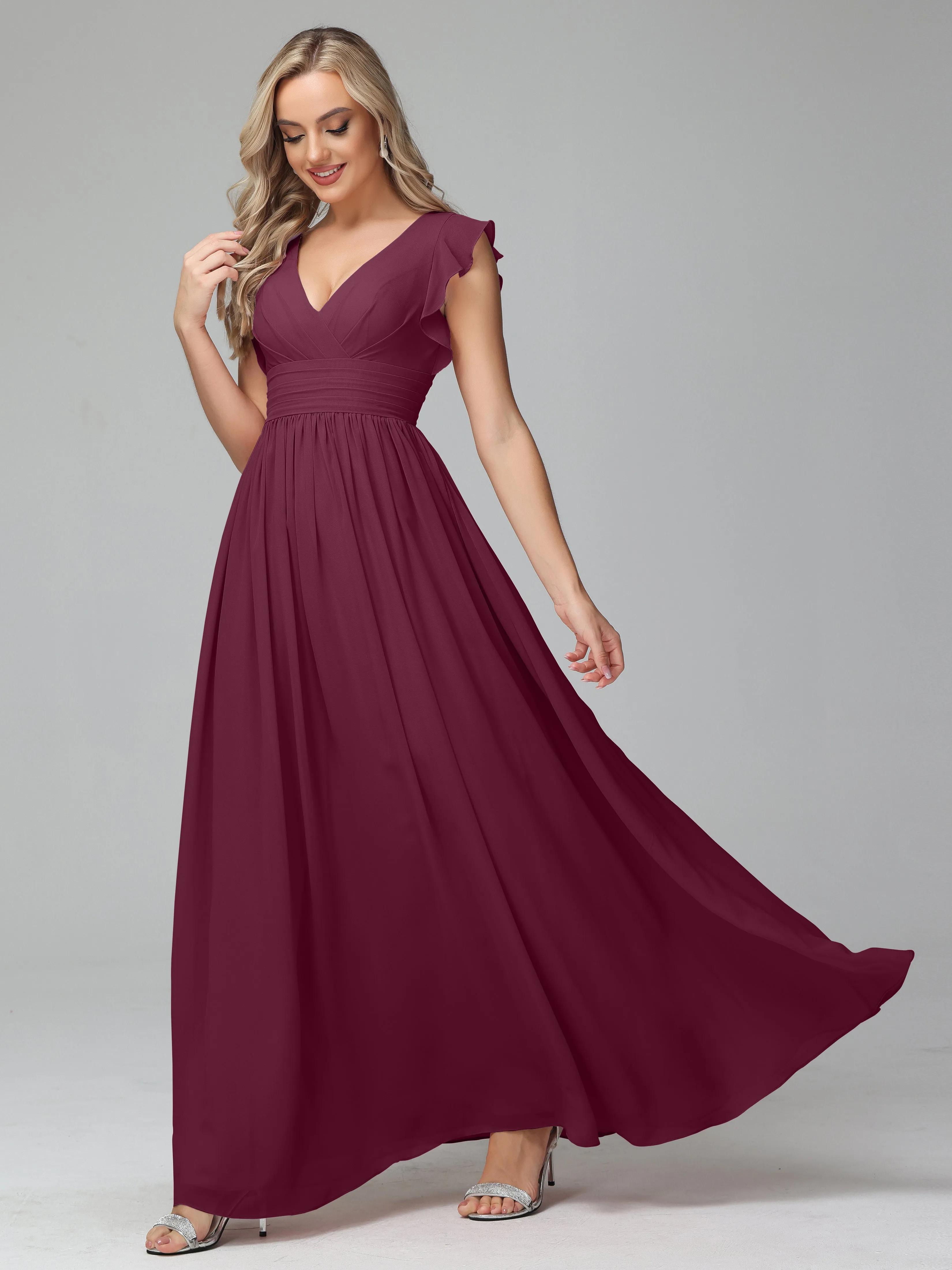 Bonnie V-Neck Chiffon Bridesmaid Dresses With Ruffle Sleeves