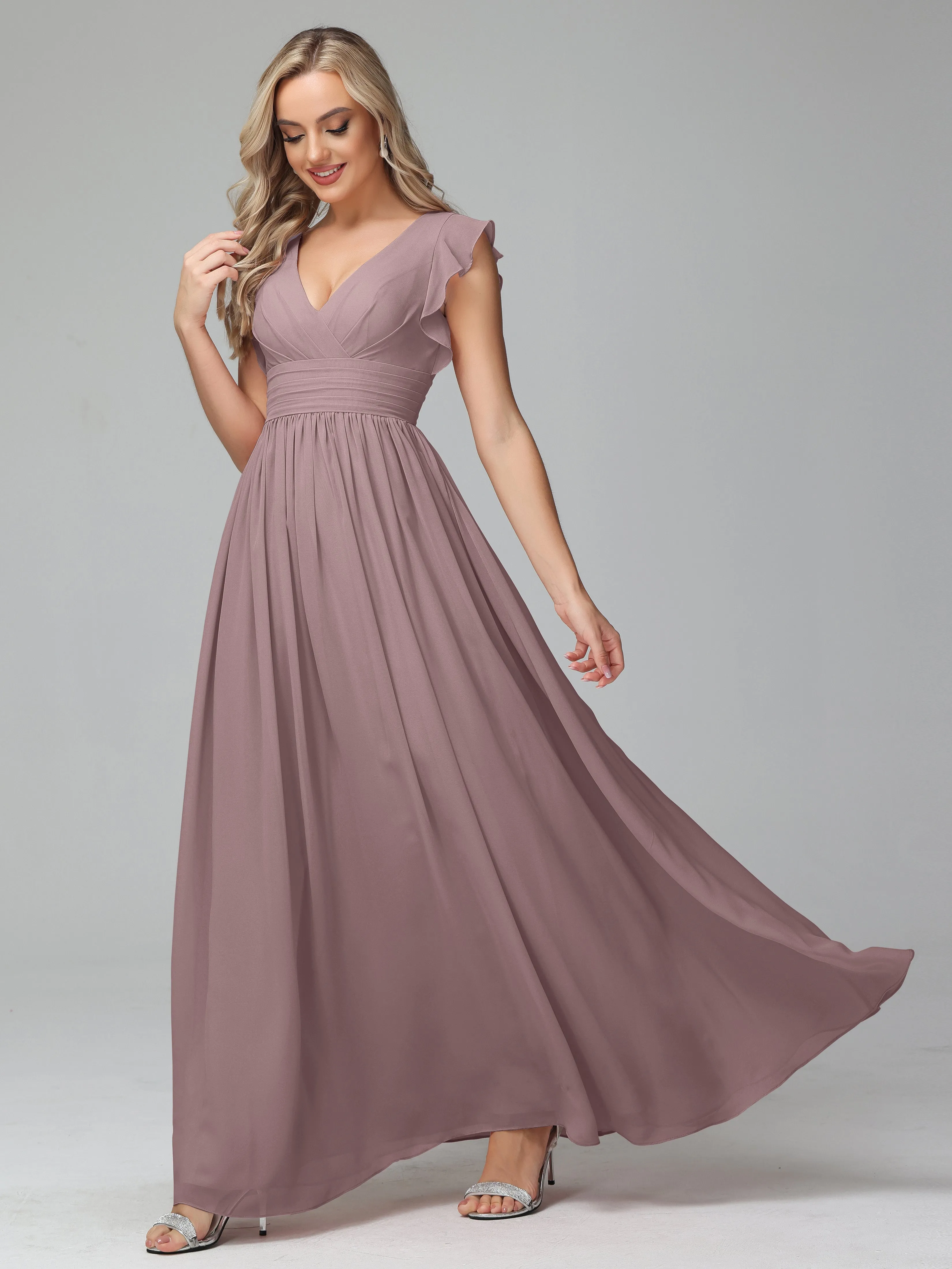 Bonnie V-Neck Chiffon Bridesmaid Dresses With Ruffle Sleeves