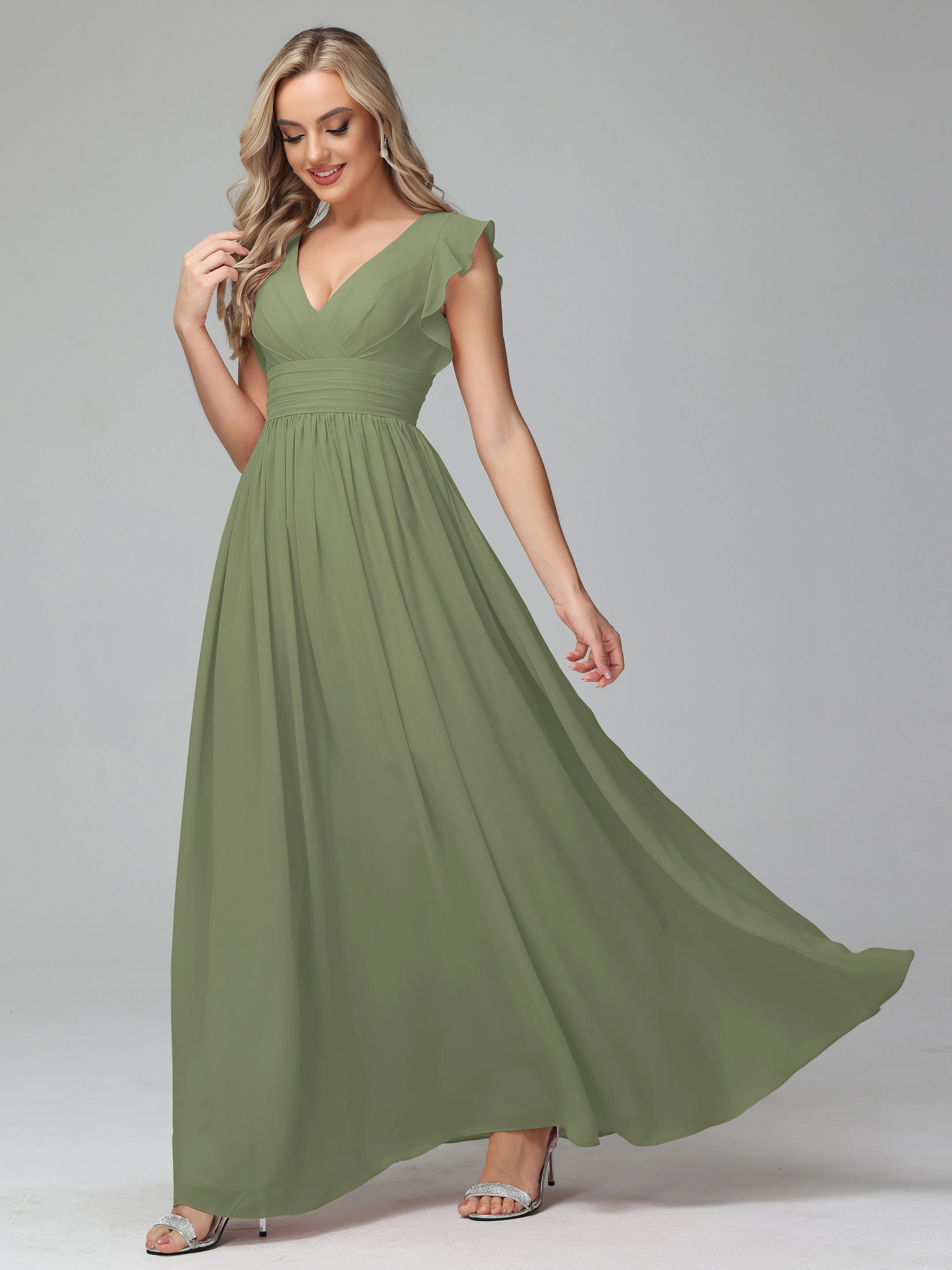 Bonnie V-Neck Chiffon Bridesmaid Dresses With Ruffle Sleeves