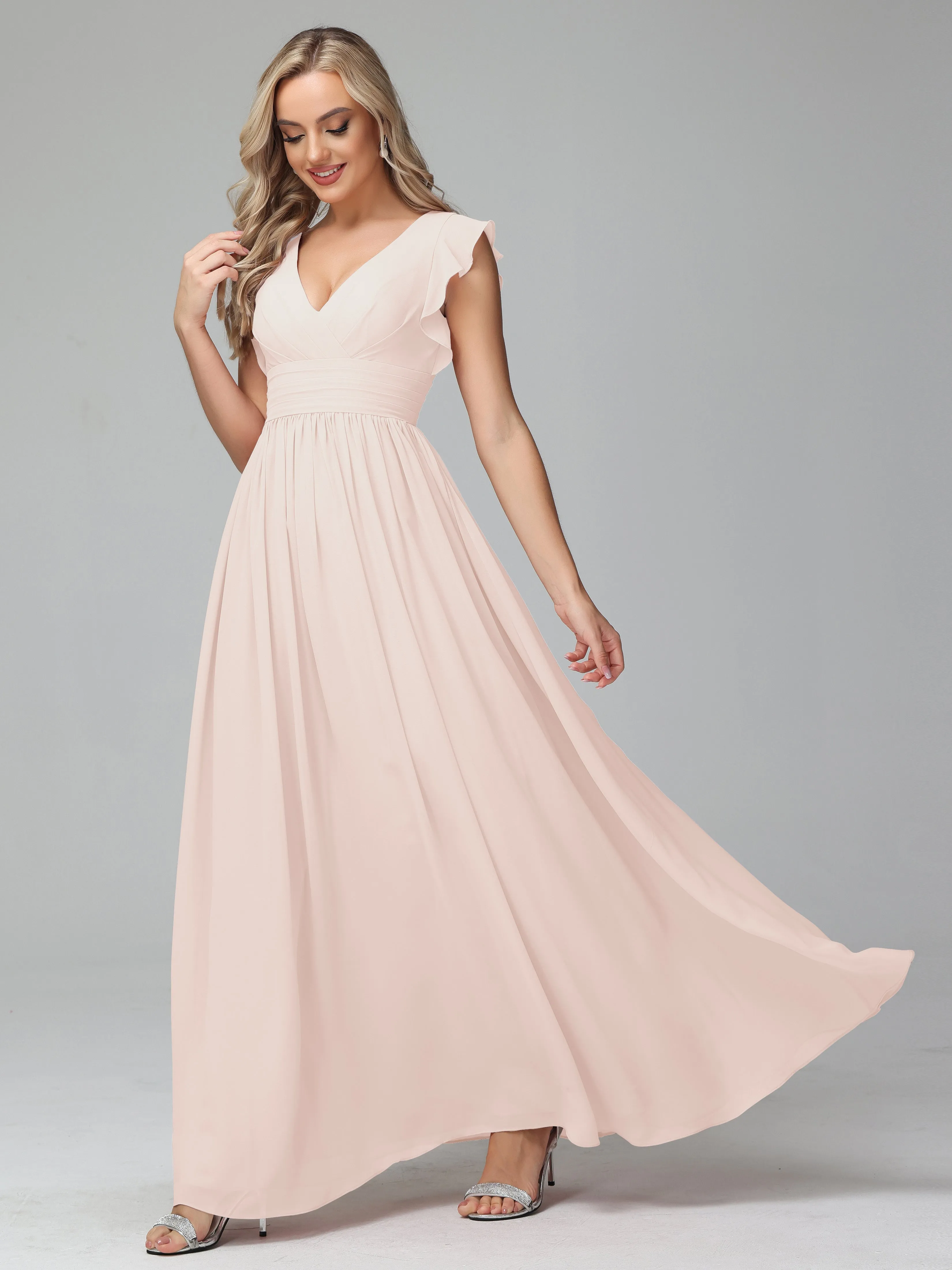 Bonnie V-Neck Chiffon Bridesmaid Dresses With Ruffle Sleeves
