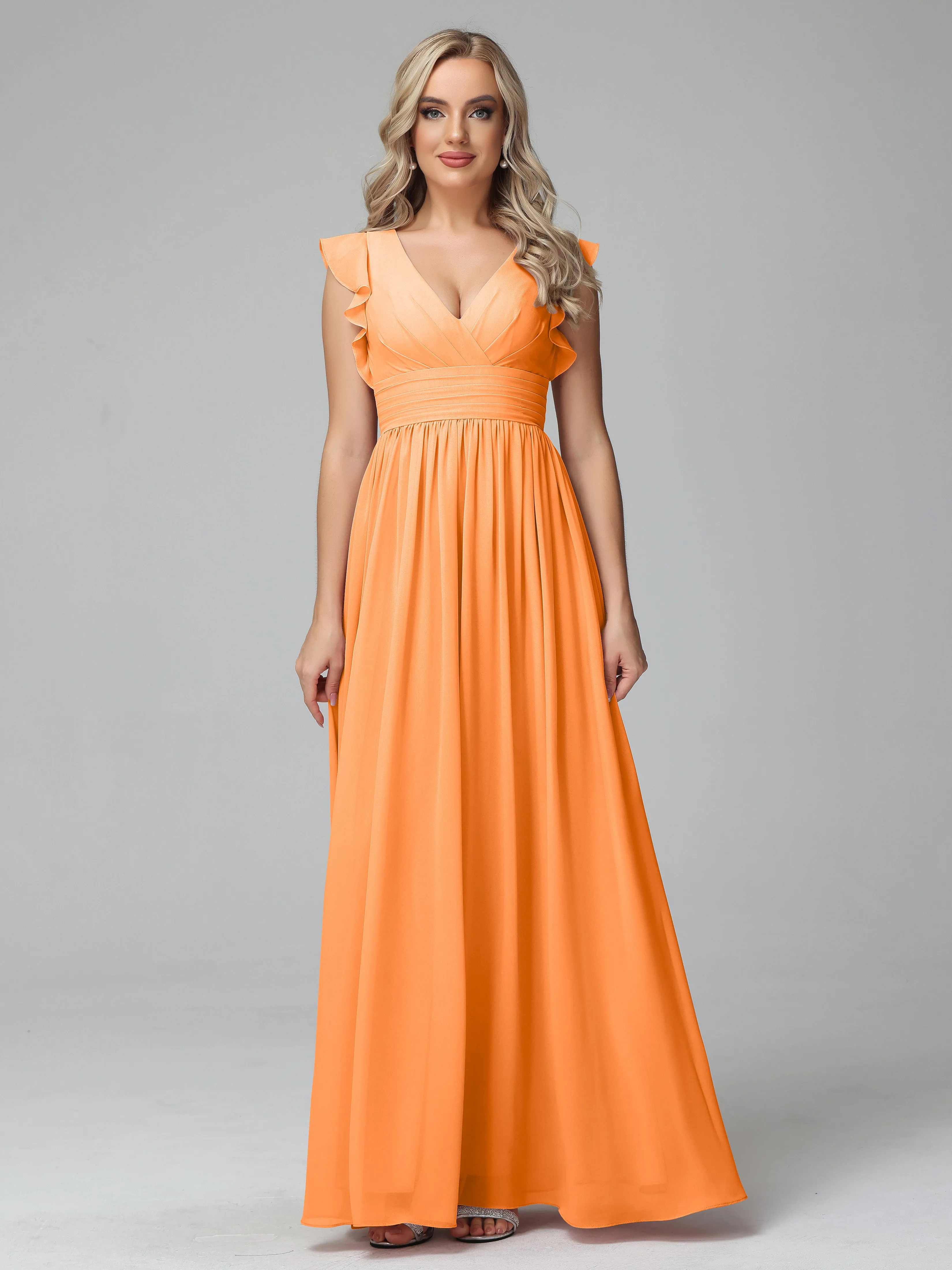 Bonnie V-Neck Chiffon Bridesmaid Dresses With Ruffle Sleeves