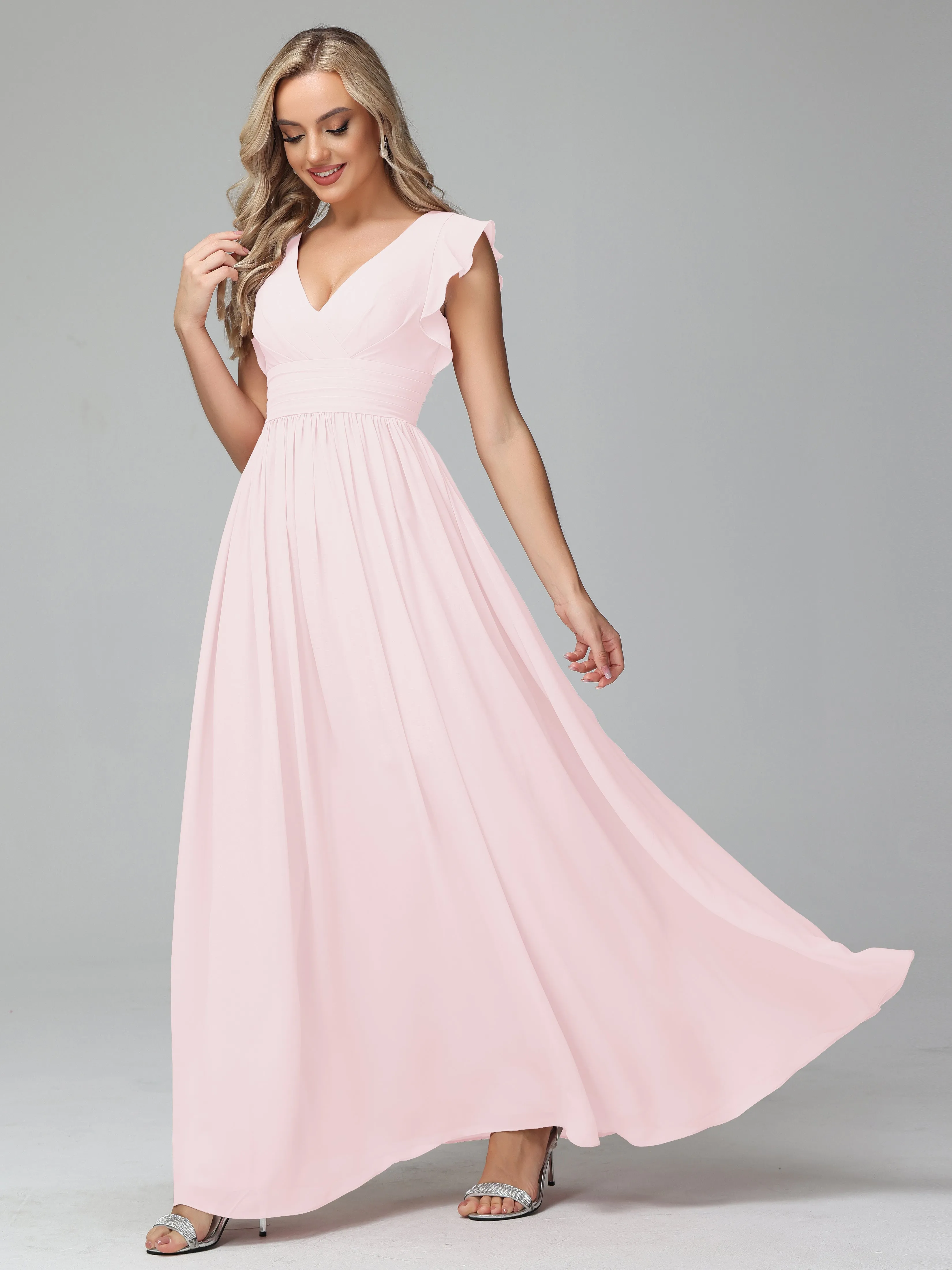 Bonnie V-Neck Chiffon Bridesmaid Dresses With Ruffle Sleeves