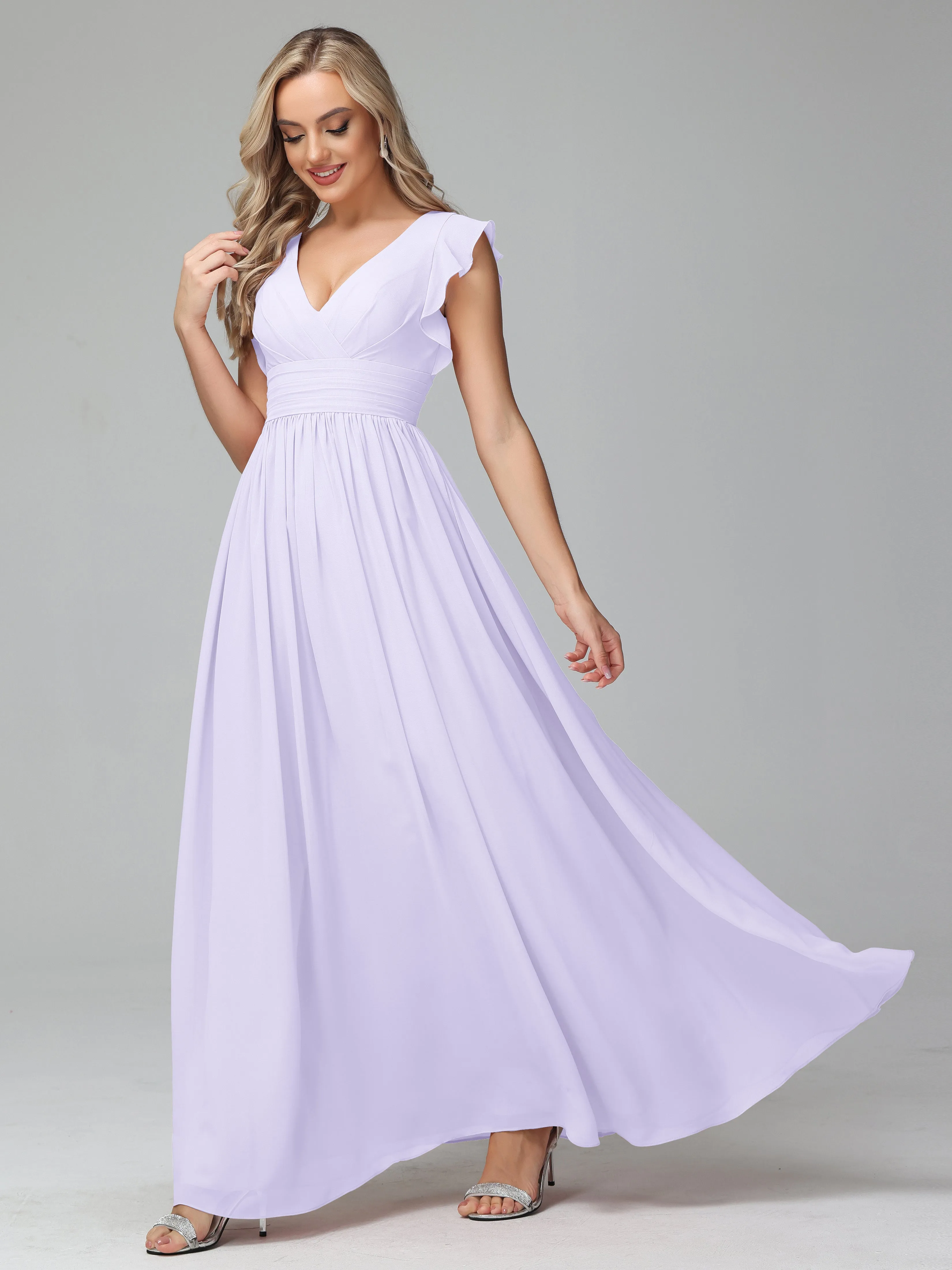 Bonnie V-Neck Chiffon Bridesmaid Dresses With Ruffle Sleeves