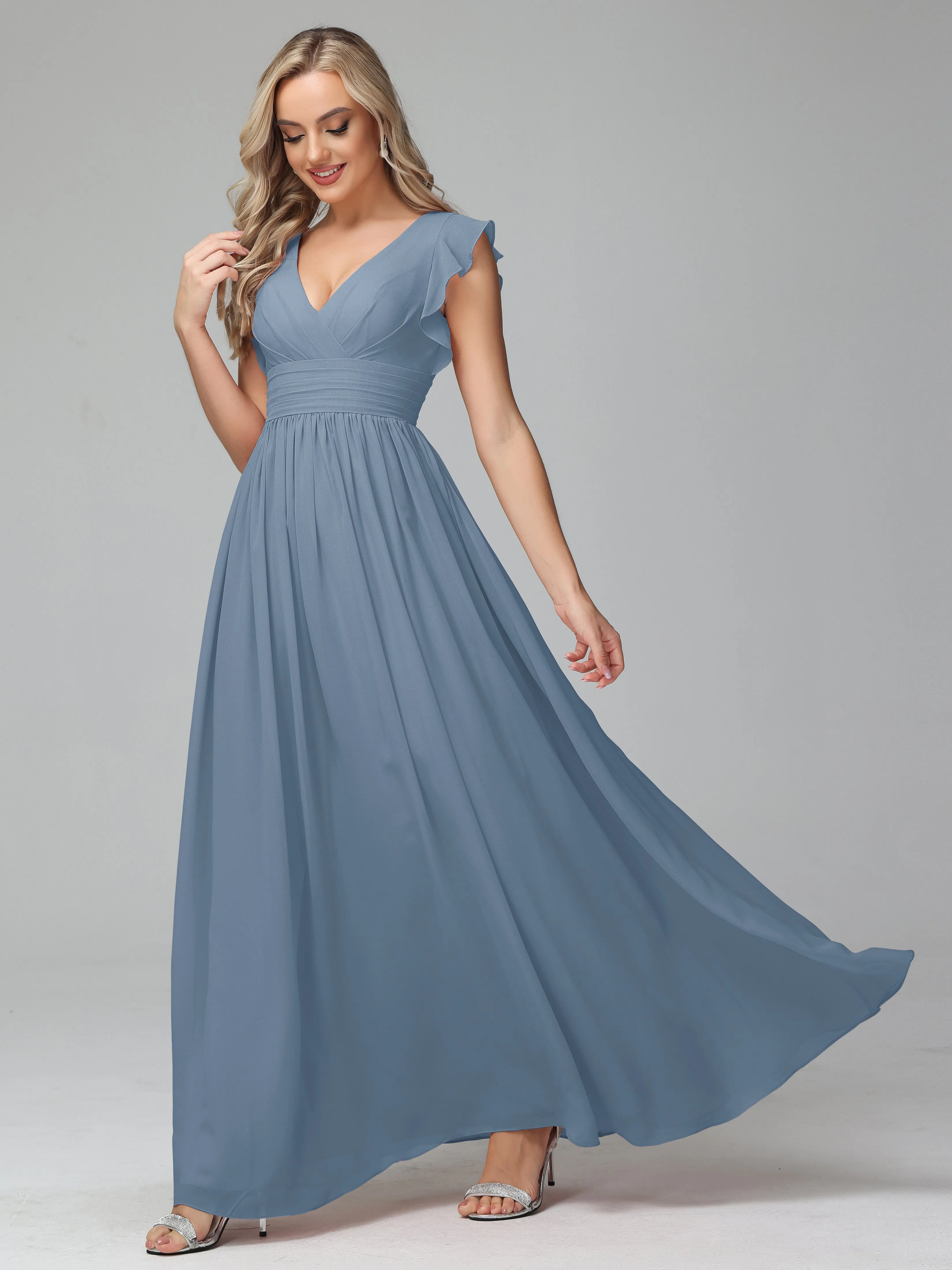 Bonnie V-Neck Chiffon Bridesmaid Dresses With Ruffle Sleeves