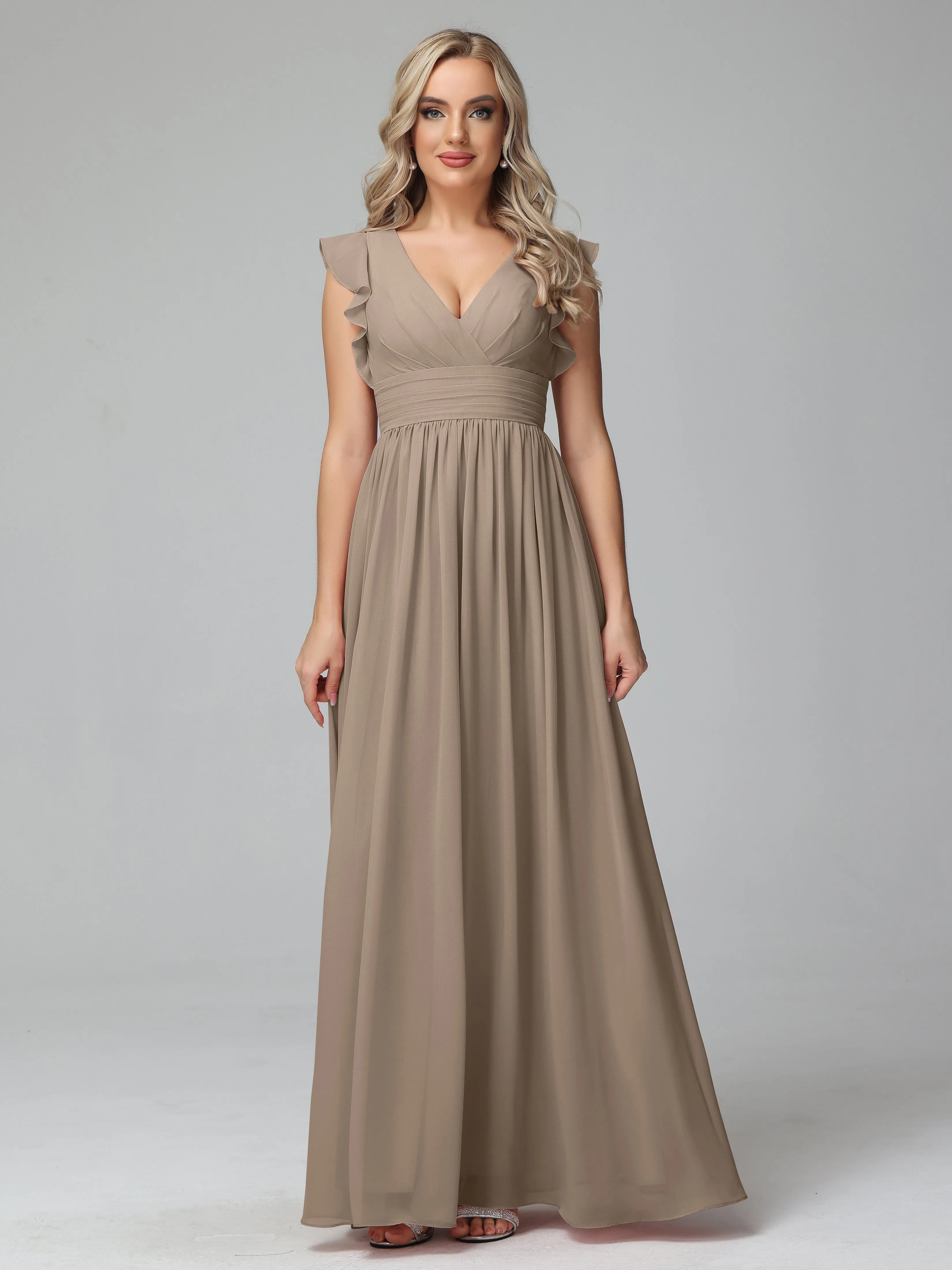Bonnie V-Neck Chiffon Bridesmaid Dresses With Ruffle Sleeves