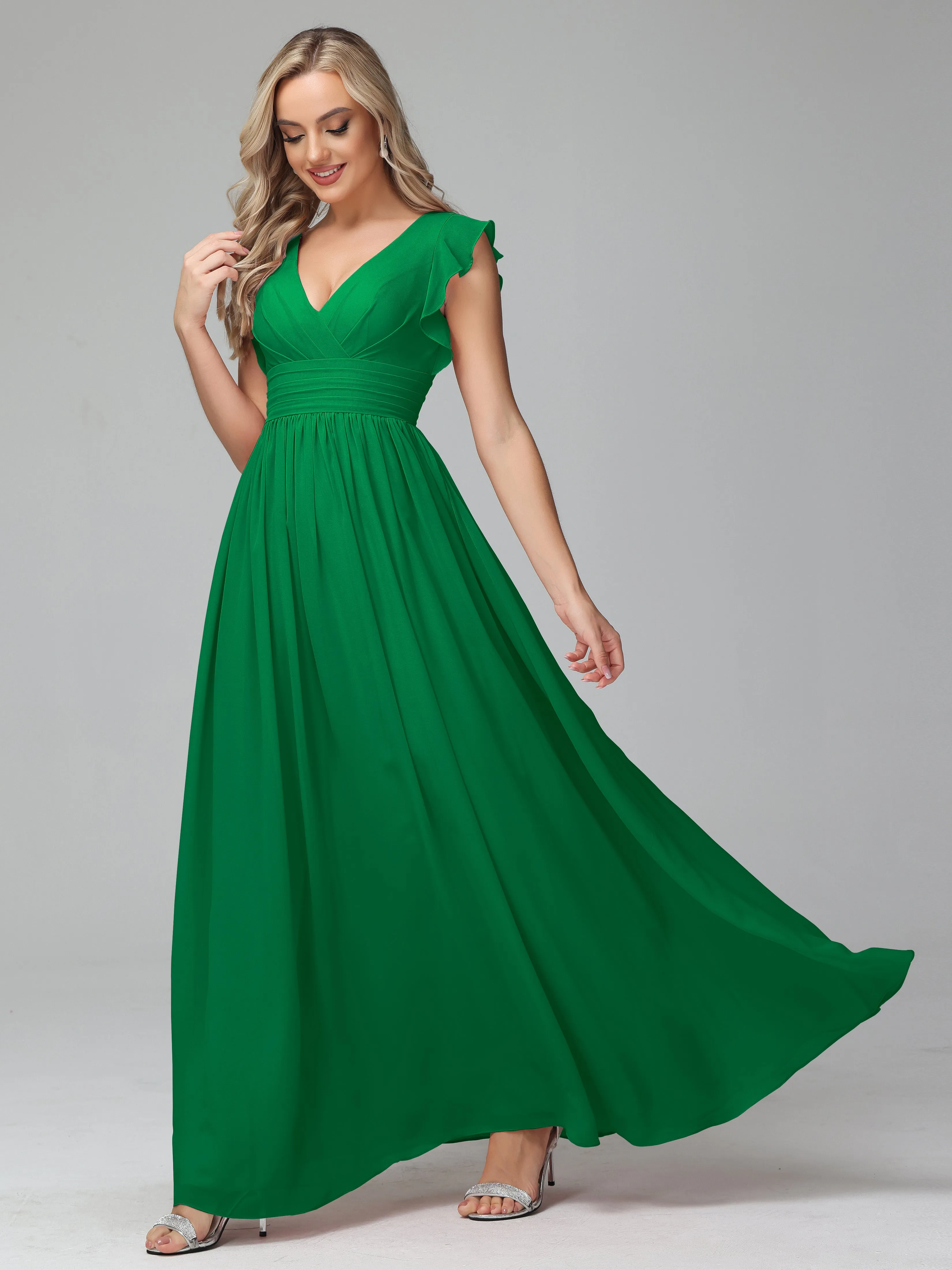 Bonnie V-Neck Chiffon Bridesmaid Dresses With Ruffle Sleeves