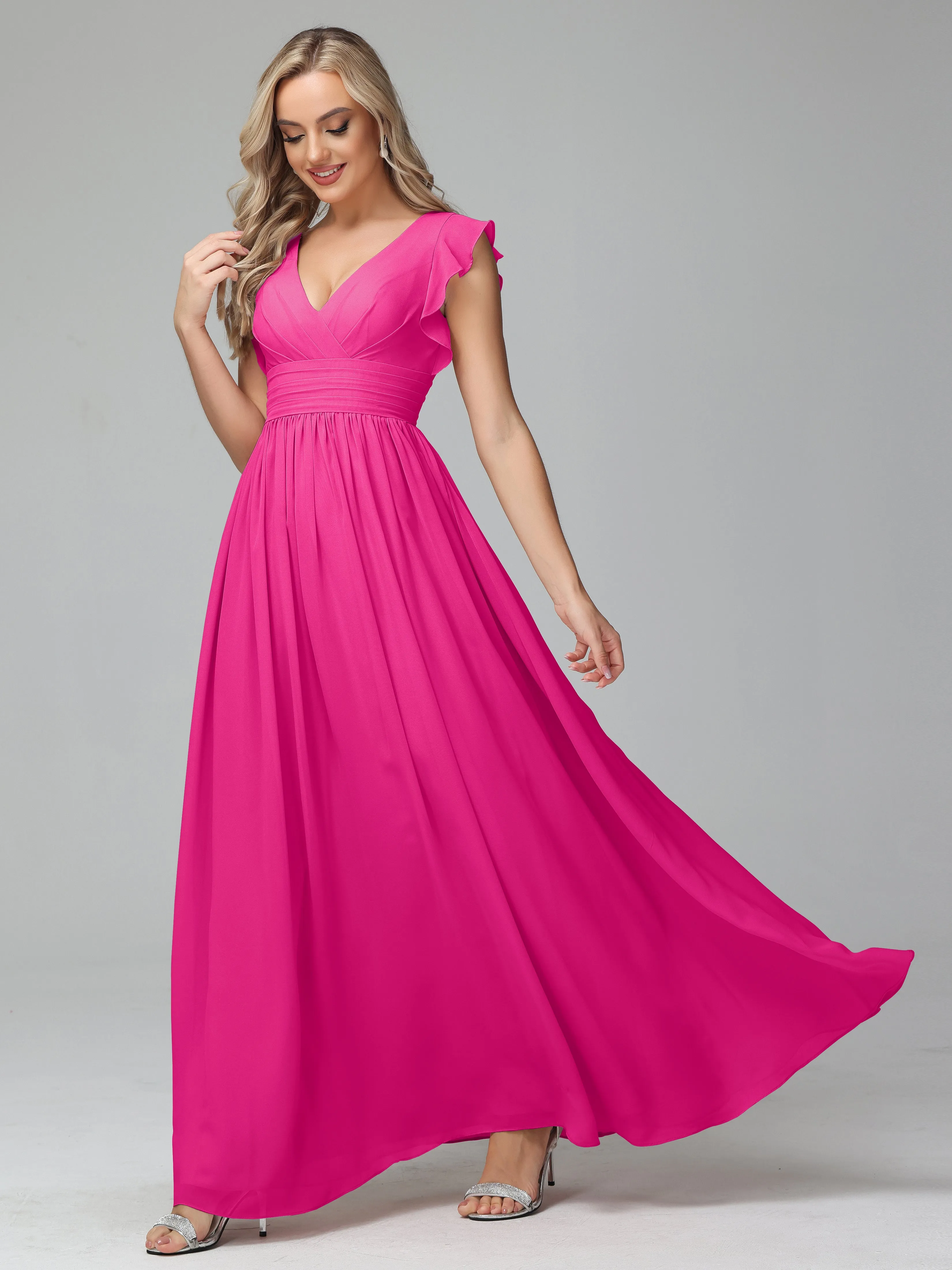 Bonnie V-Neck Chiffon Bridesmaid Dresses With Ruffle Sleeves