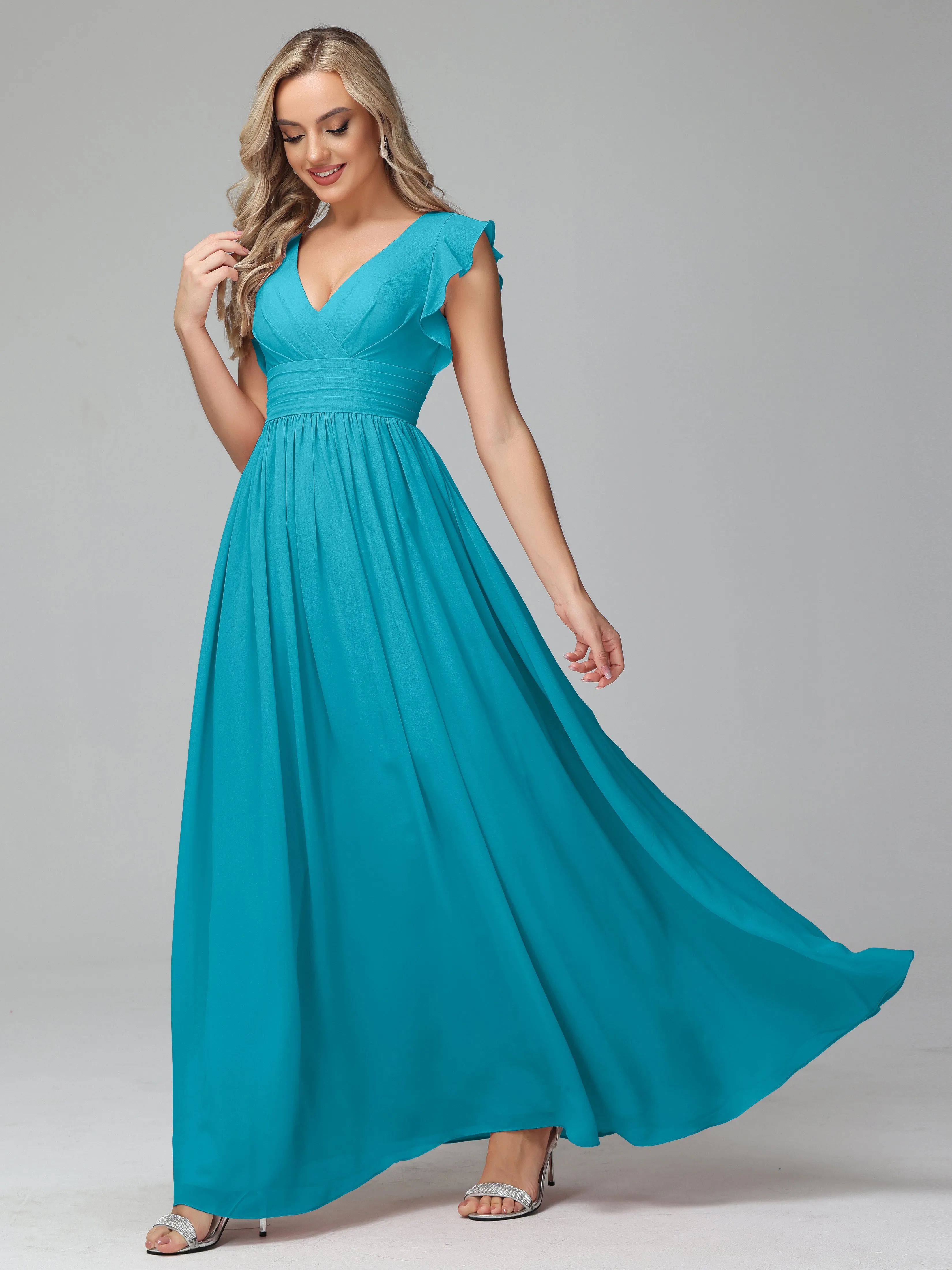 Bonnie V-Neck Chiffon Bridesmaid Dresses With Ruffle Sleeves