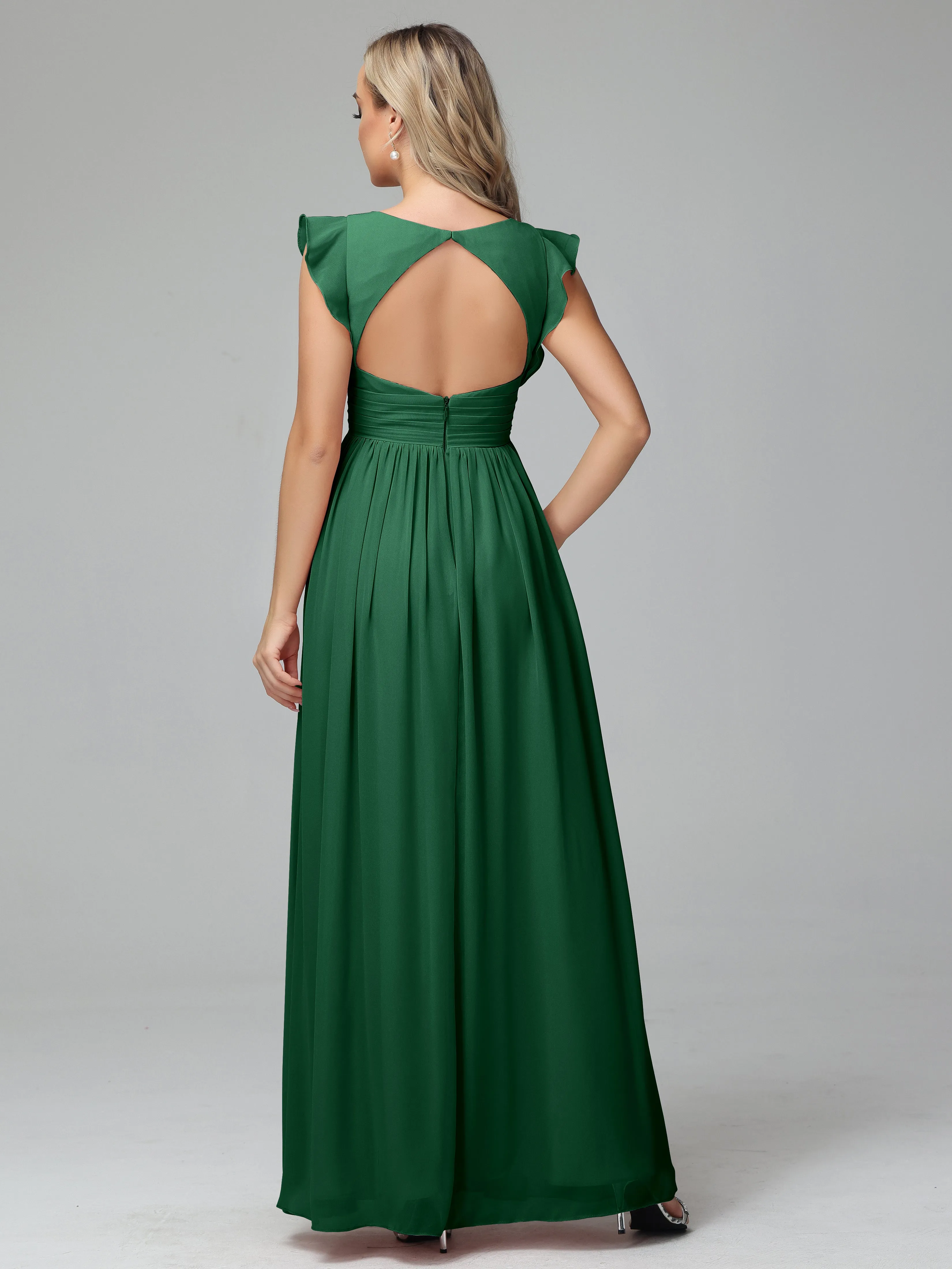 Bonnie V-Neck Chiffon Bridesmaid Dresses With Ruffle Sleeves