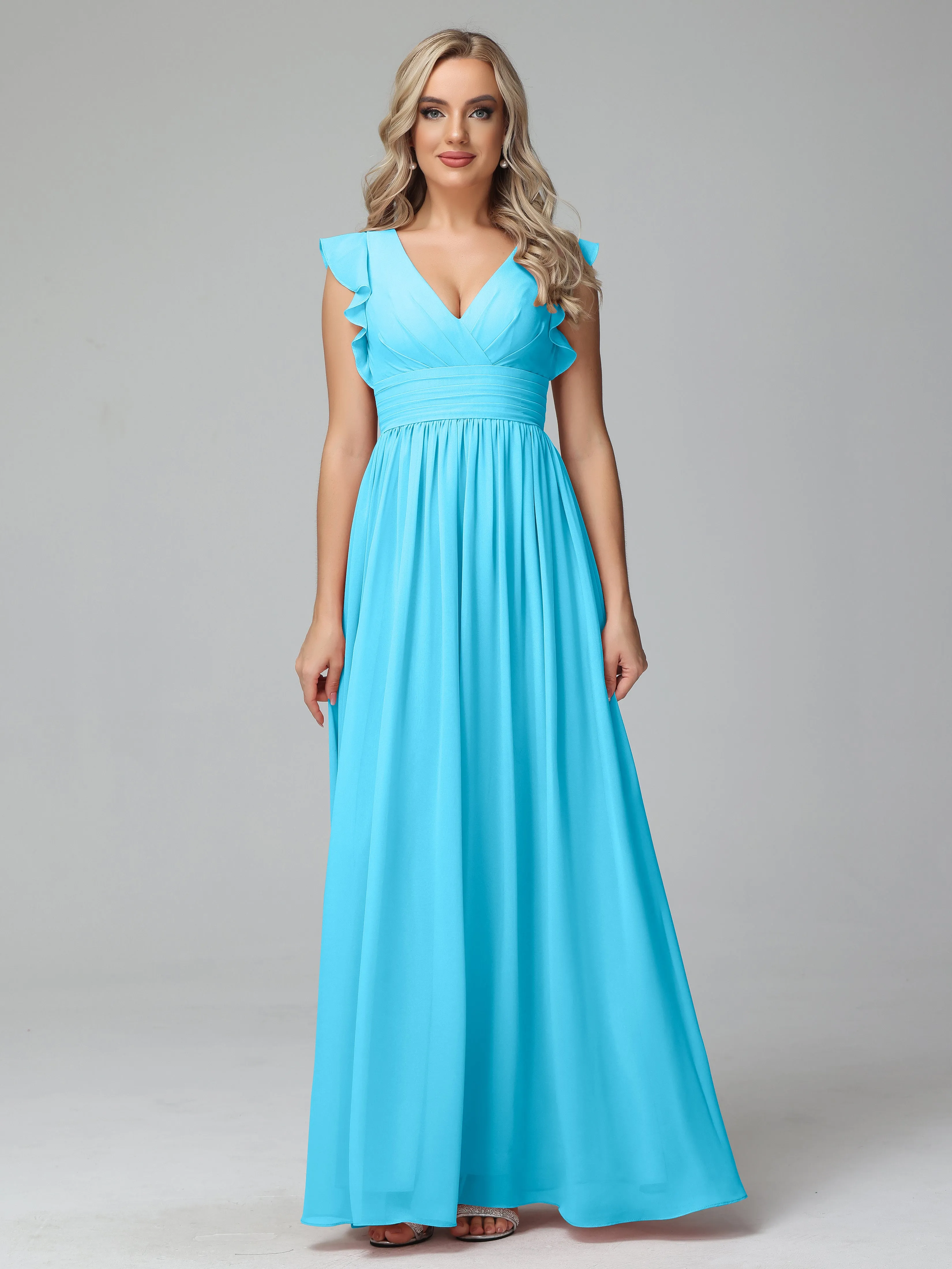 Bonnie V-Neck Chiffon Bridesmaid Dresses With Ruffle Sleeves