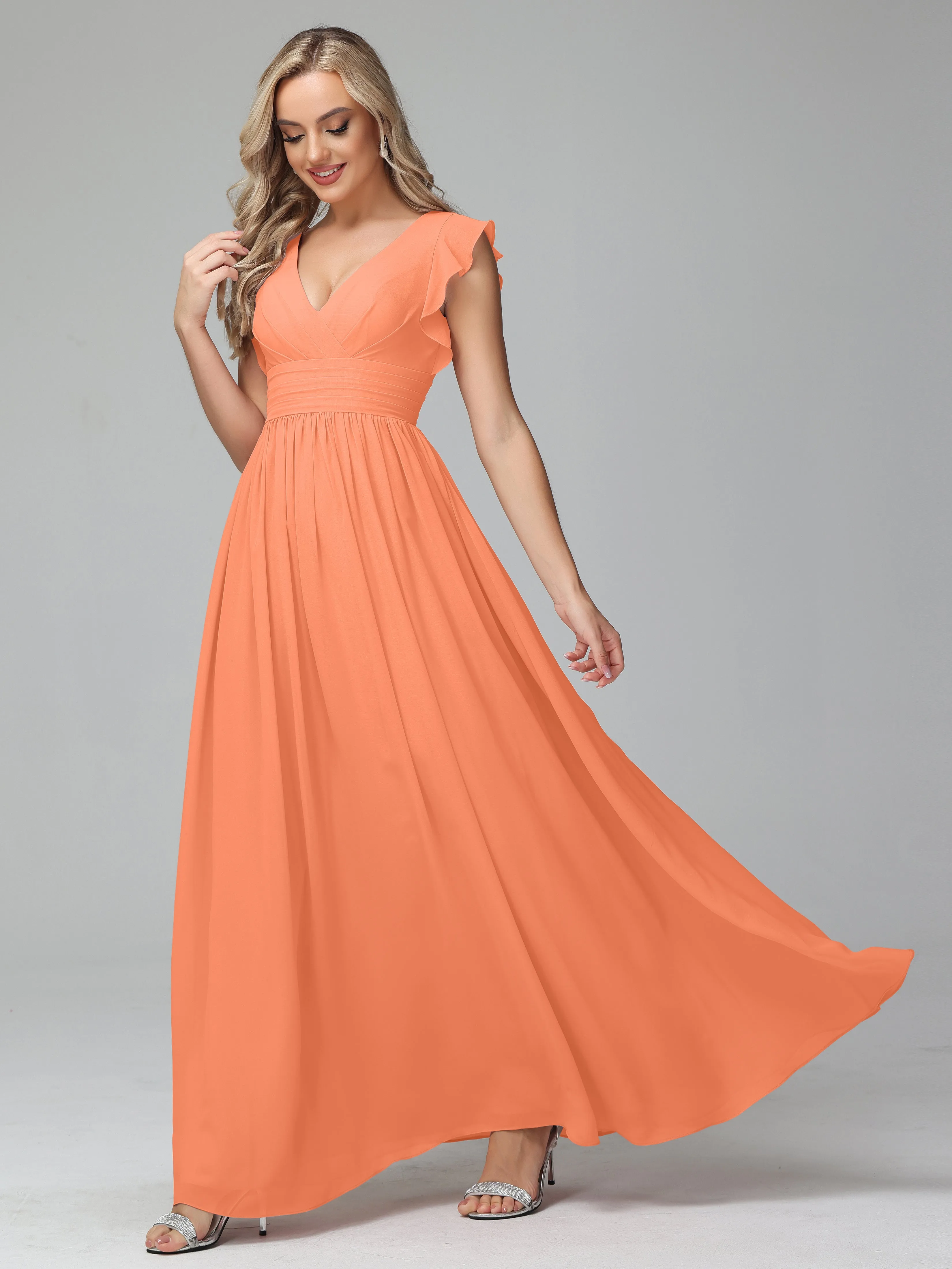 Bonnie V-Neck Chiffon Bridesmaid Dresses With Ruffle Sleeves