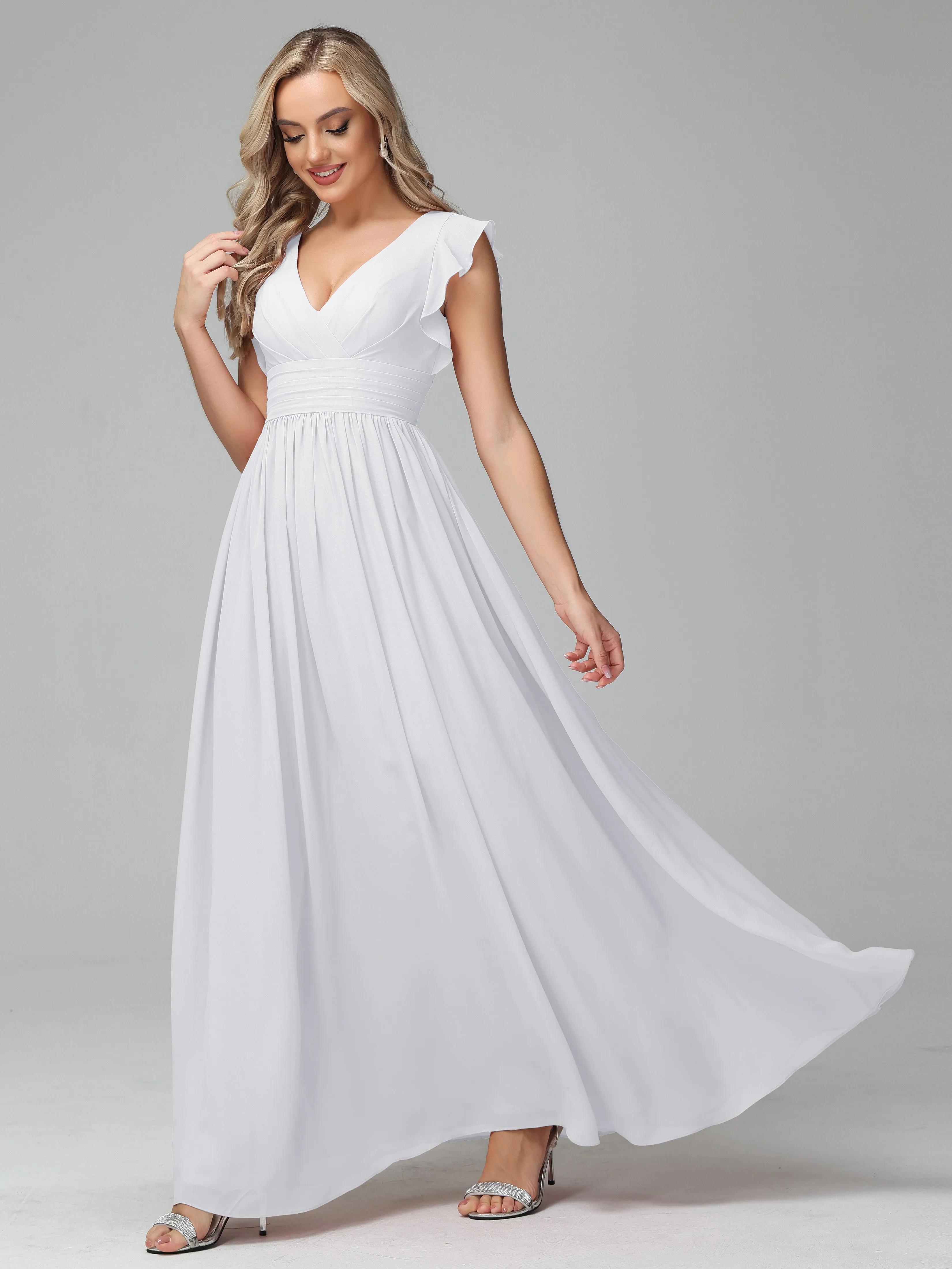 Bonnie V-Neck Chiffon Bridesmaid Dresses With Ruffle Sleeves