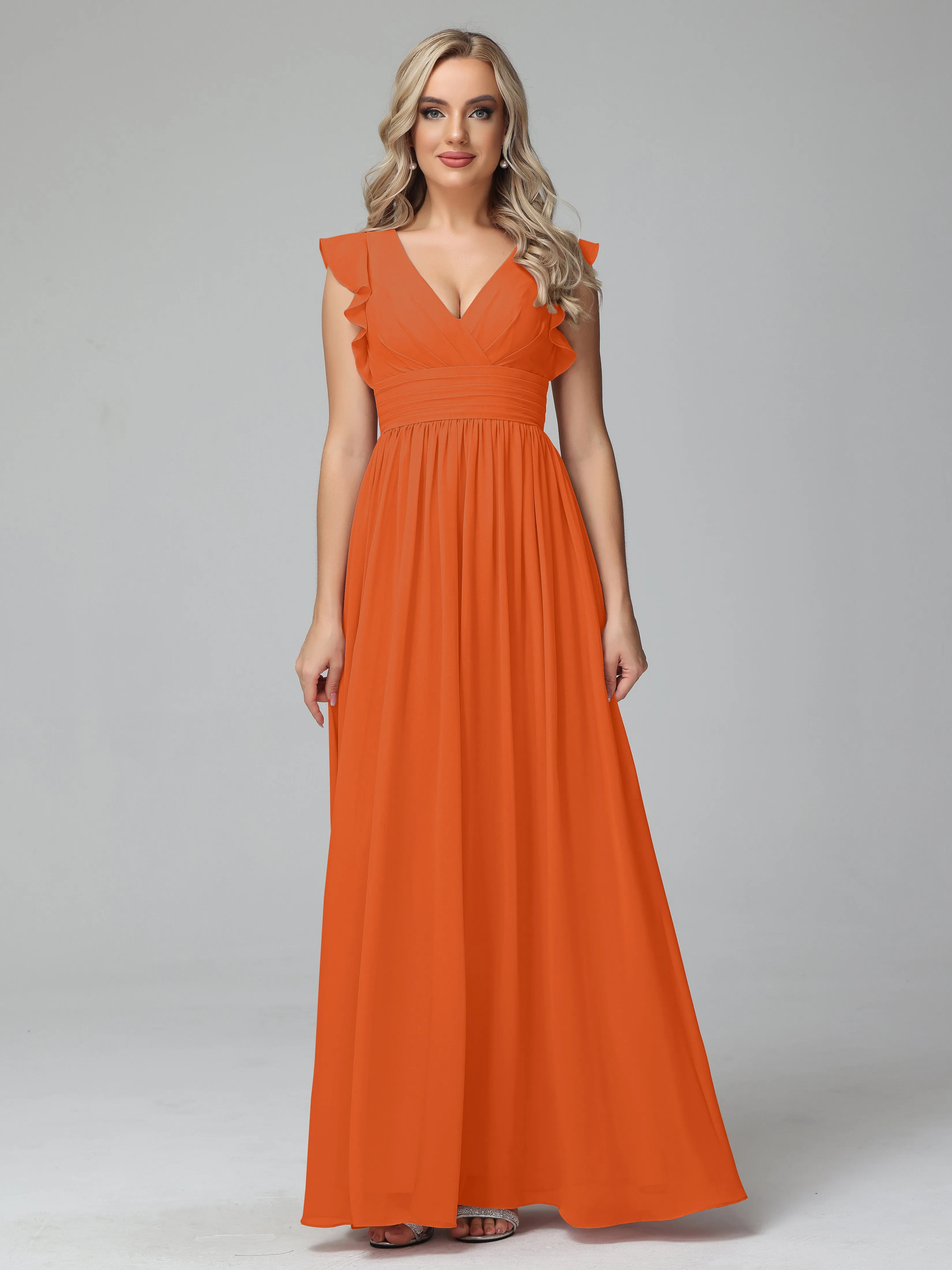 Bonnie V-Neck Chiffon Bridesmaid Dresses With Ruffle Sleeves