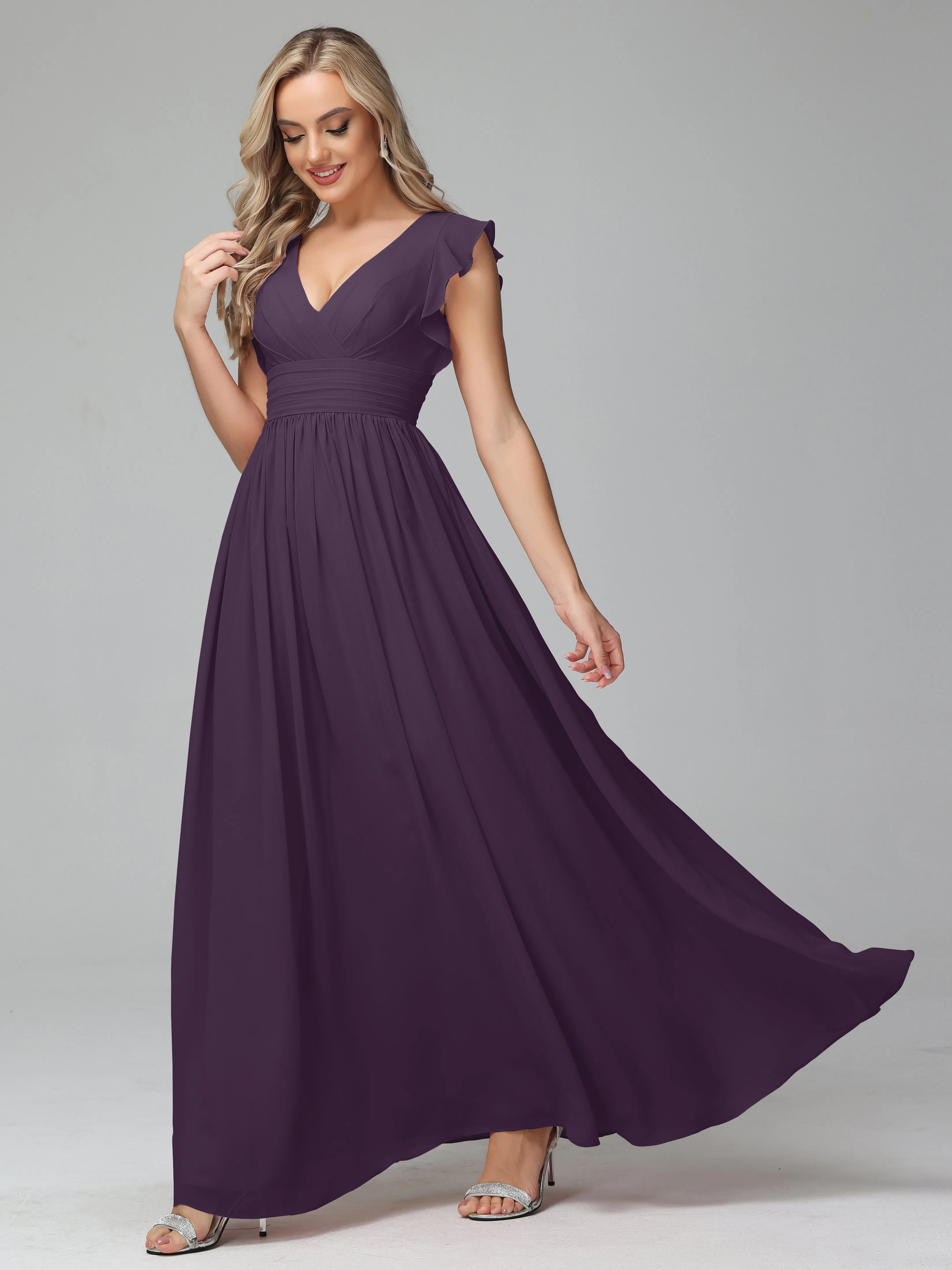 Bonnie V-Neck Chiffon Bridesmaid Dresses With Ruffle Sleeves