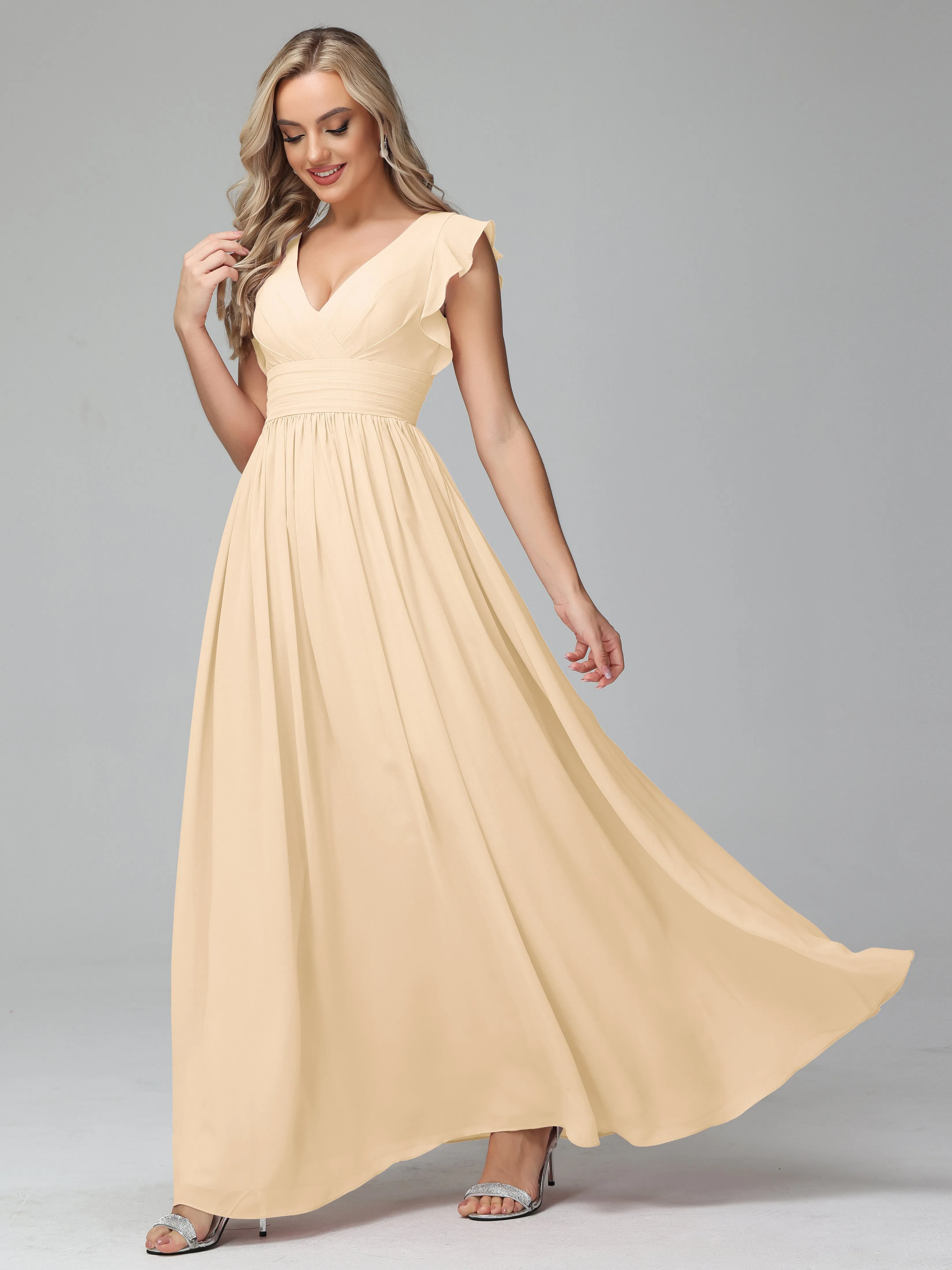 Bonnie V-Neck Chiffon Bridesmaid Dresses With Ruffle Sleeves