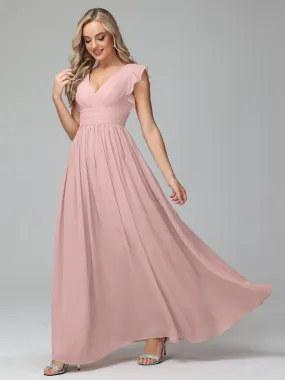 Bonnie V-Neck Chiffon Bridesmaid Dresses With Ruffle Sleeves