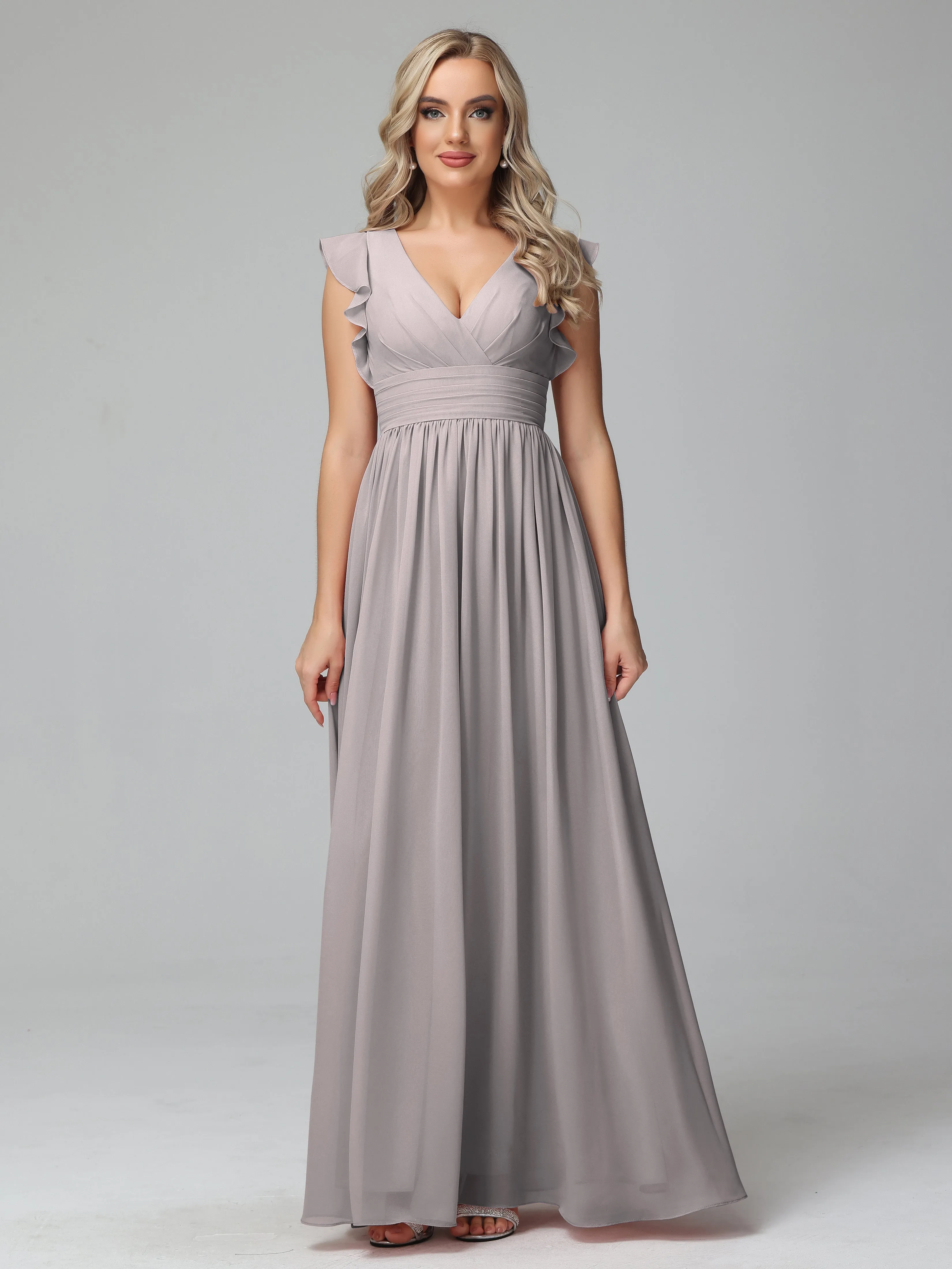 Bonnie V-Neck Chiffon Bridesmaid Dresses With Ruffle Sleeves