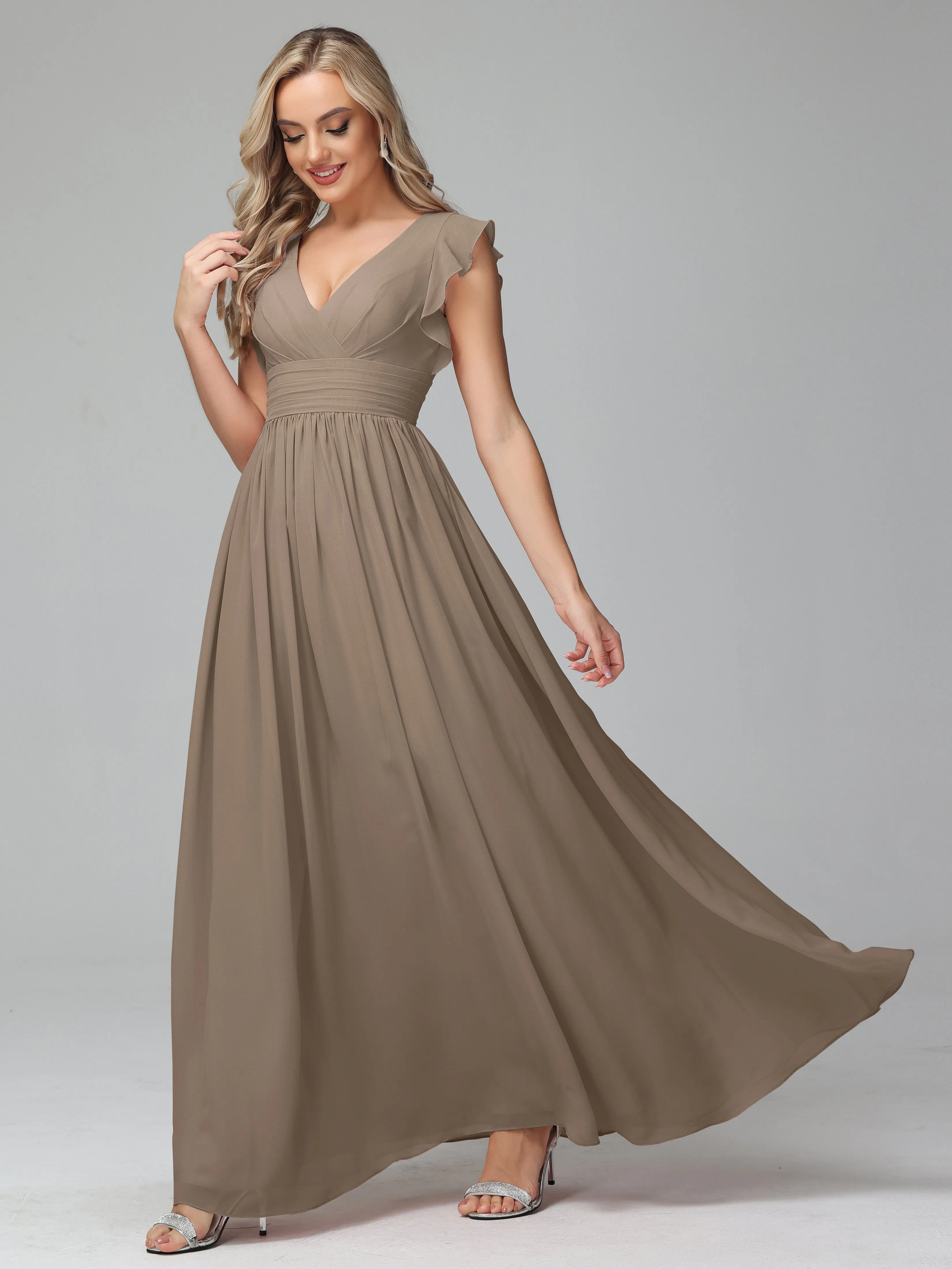 Bonnie V-Neck Chiffon Bridesmaid Dresses With Ruffle Sleeves