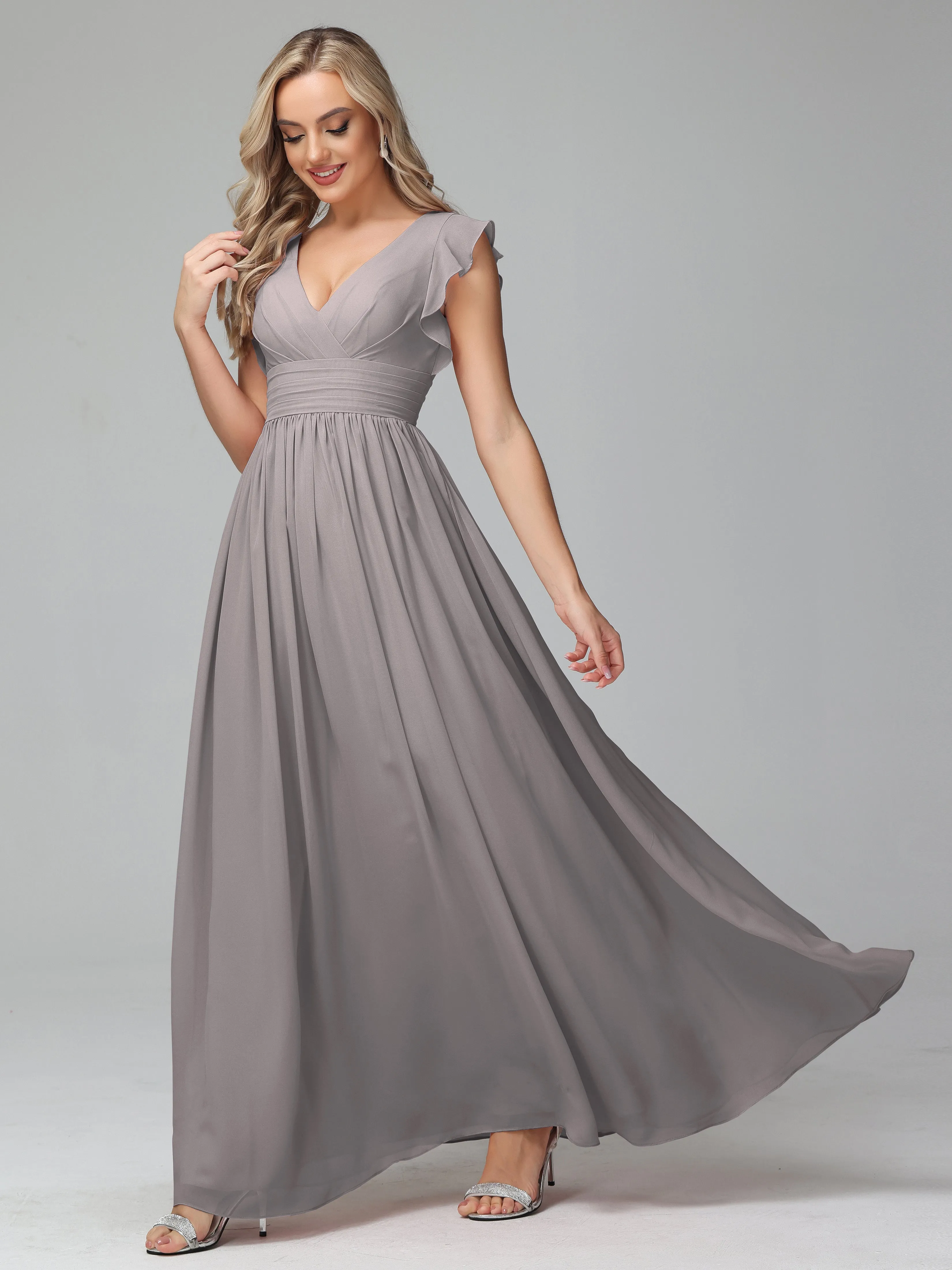 Bonnie V-Neck Chiffon Bridesmaid Dresses With Ruffle Sleeves