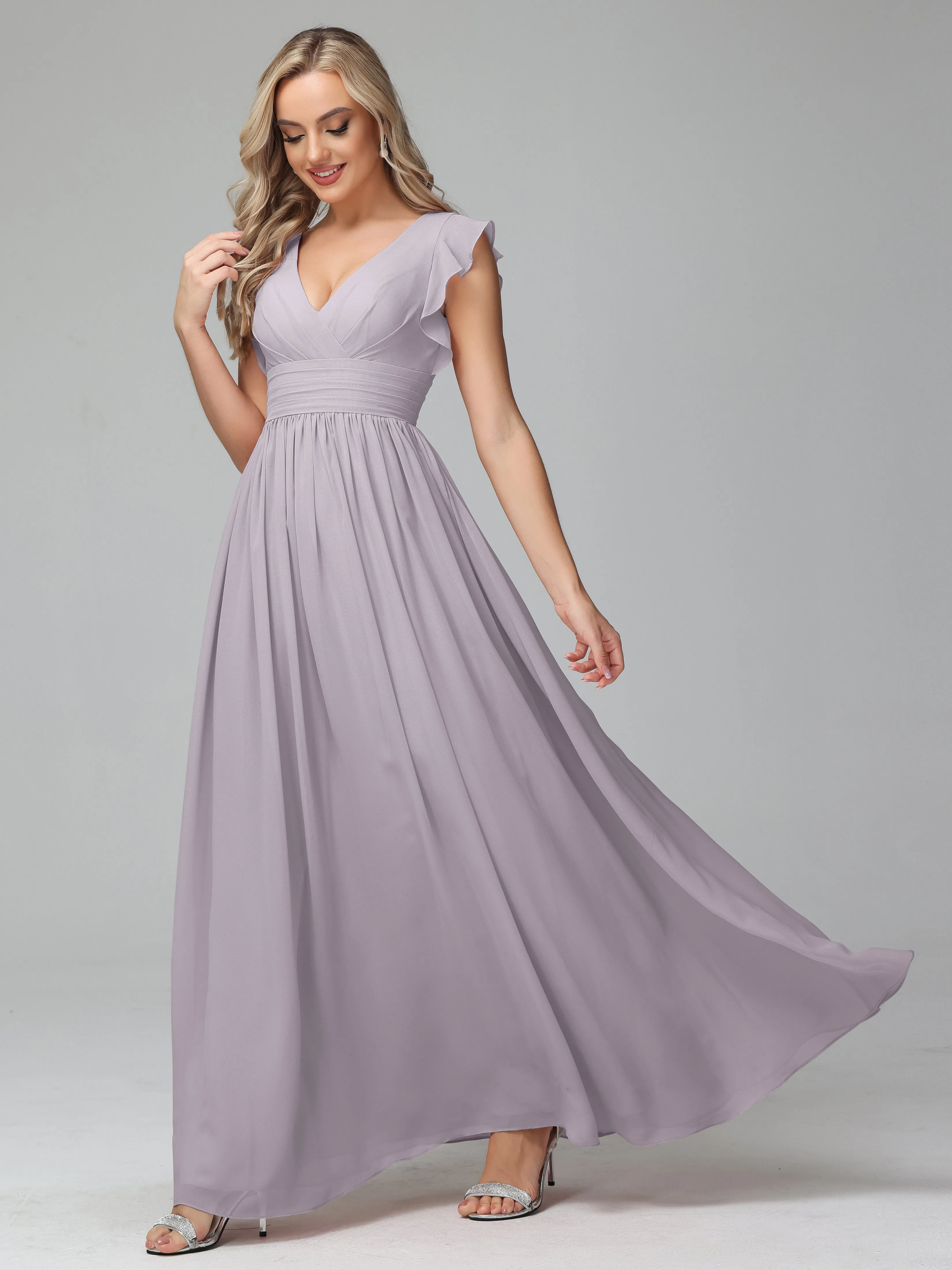Bonnie V-Neck Chiffon Bridesmaid Dresses With Ruffle Sleeves