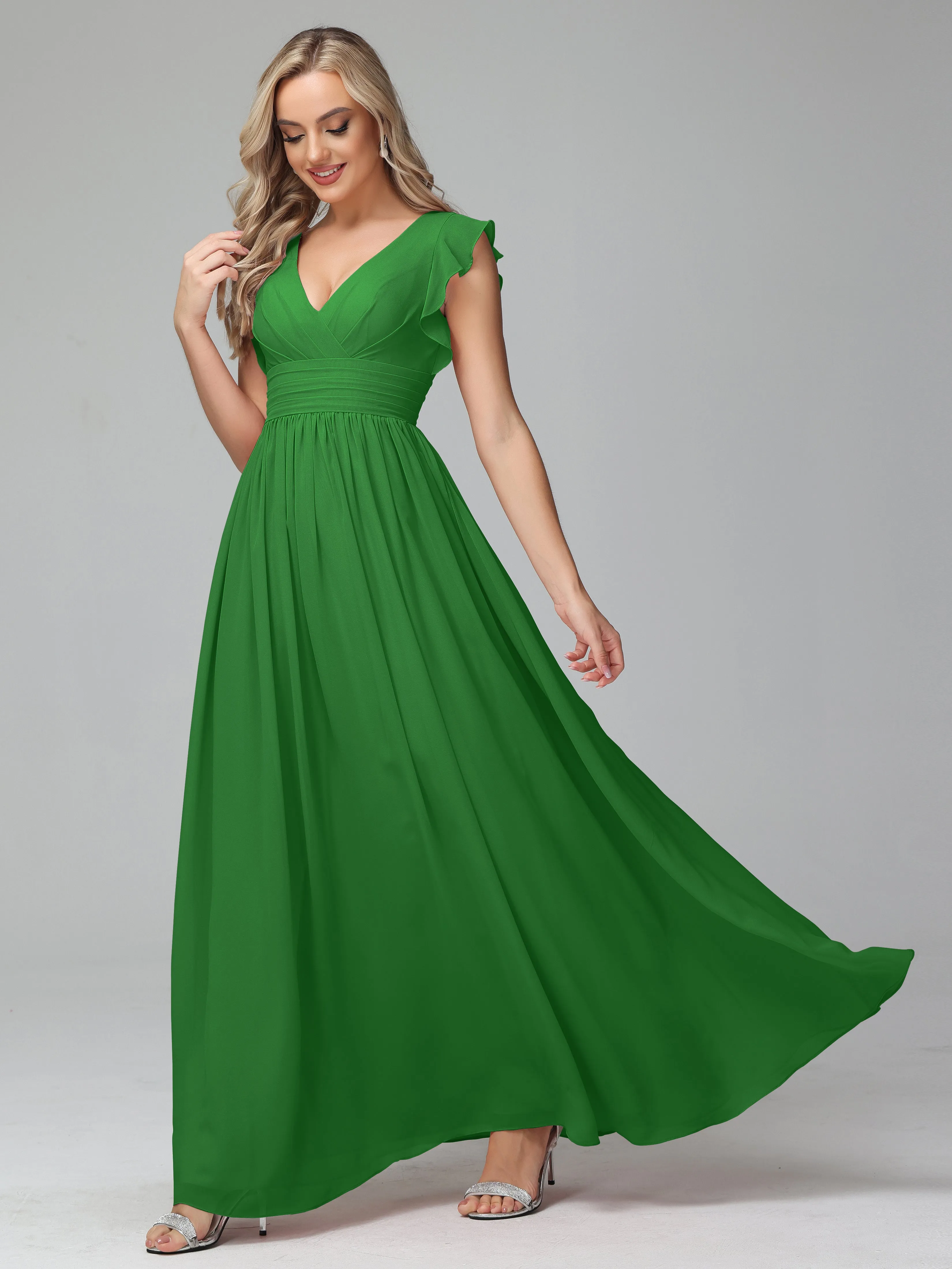 Bonnie V-Neck Chiffon Bridesmaid Dresses With Ruffle Sleeves