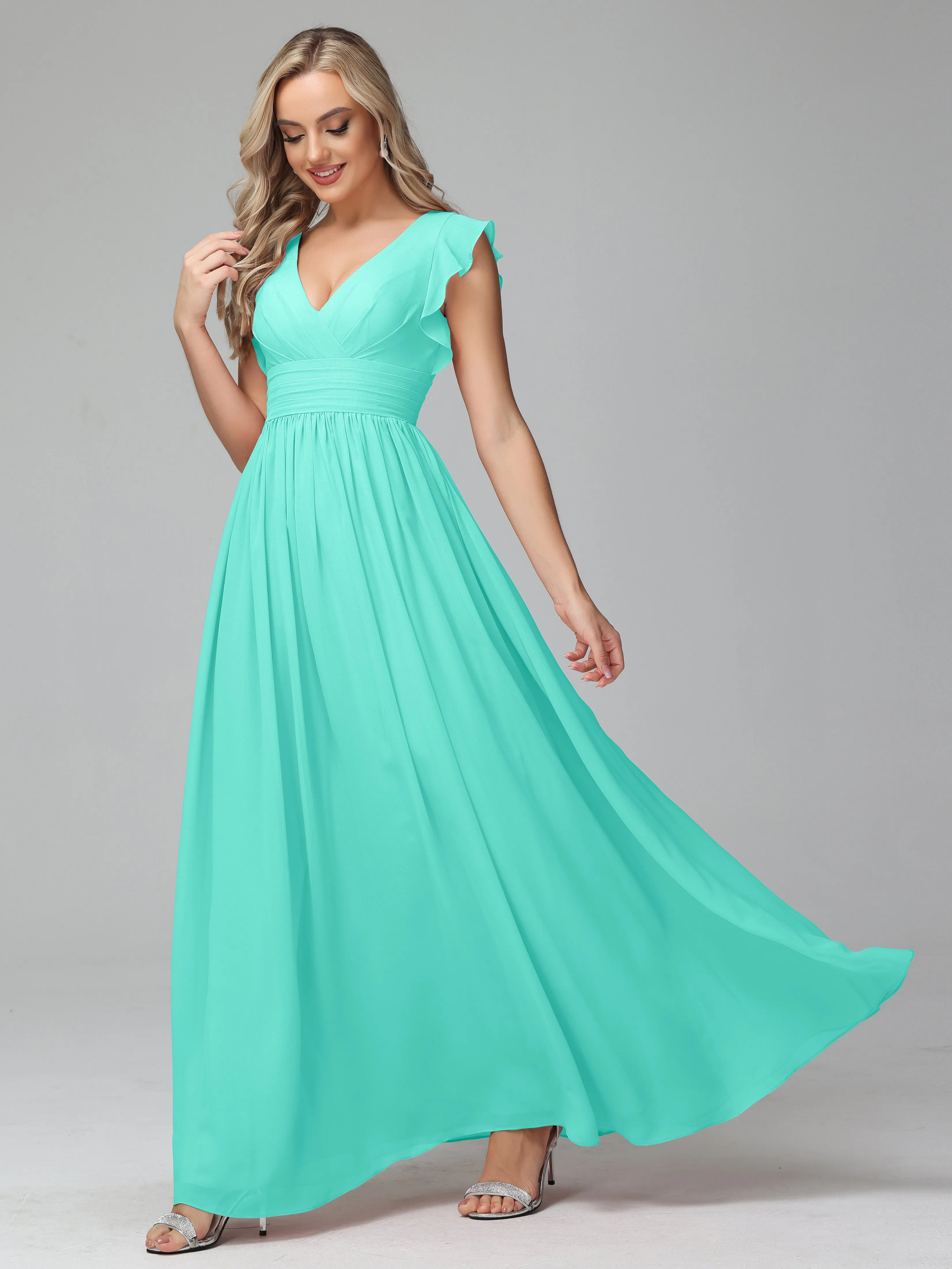 Bonnie V-Neck Chiffon Bridesmaid Dresses With Ruffle Sleeves