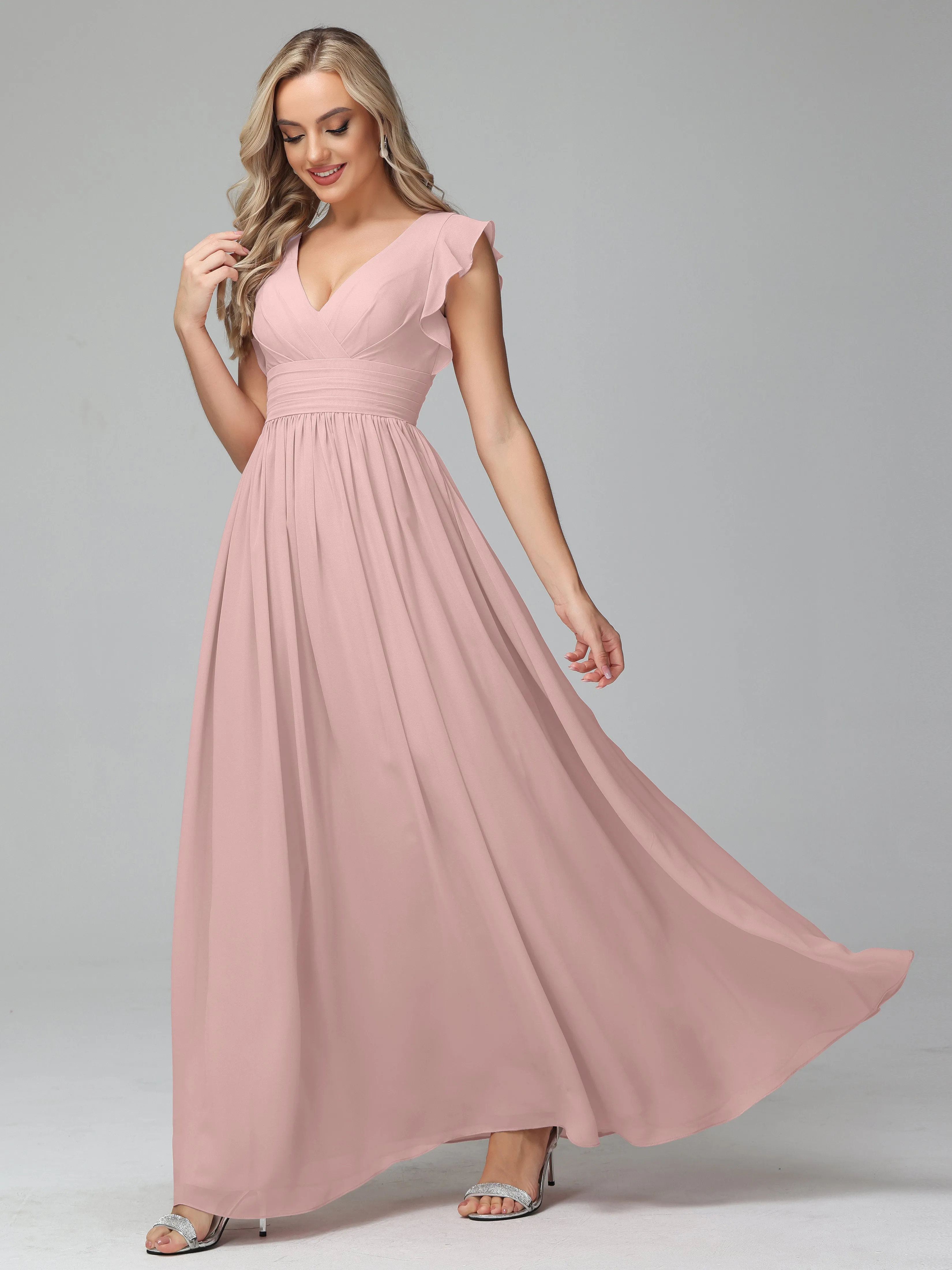 Bonnie V-Neck Chiffon Bridesmaid Dresses With Ruffle Sleeves